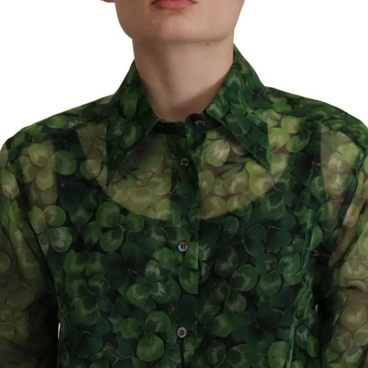 Dolce & Gabbana Green Clover Print Long Sleeves Collared Top Blouse