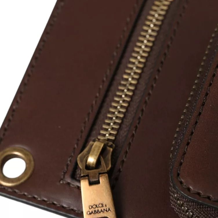 Dolce & Gabbana Brown Calf Leather Zip Logo Shoulder Neck Strap Wallet