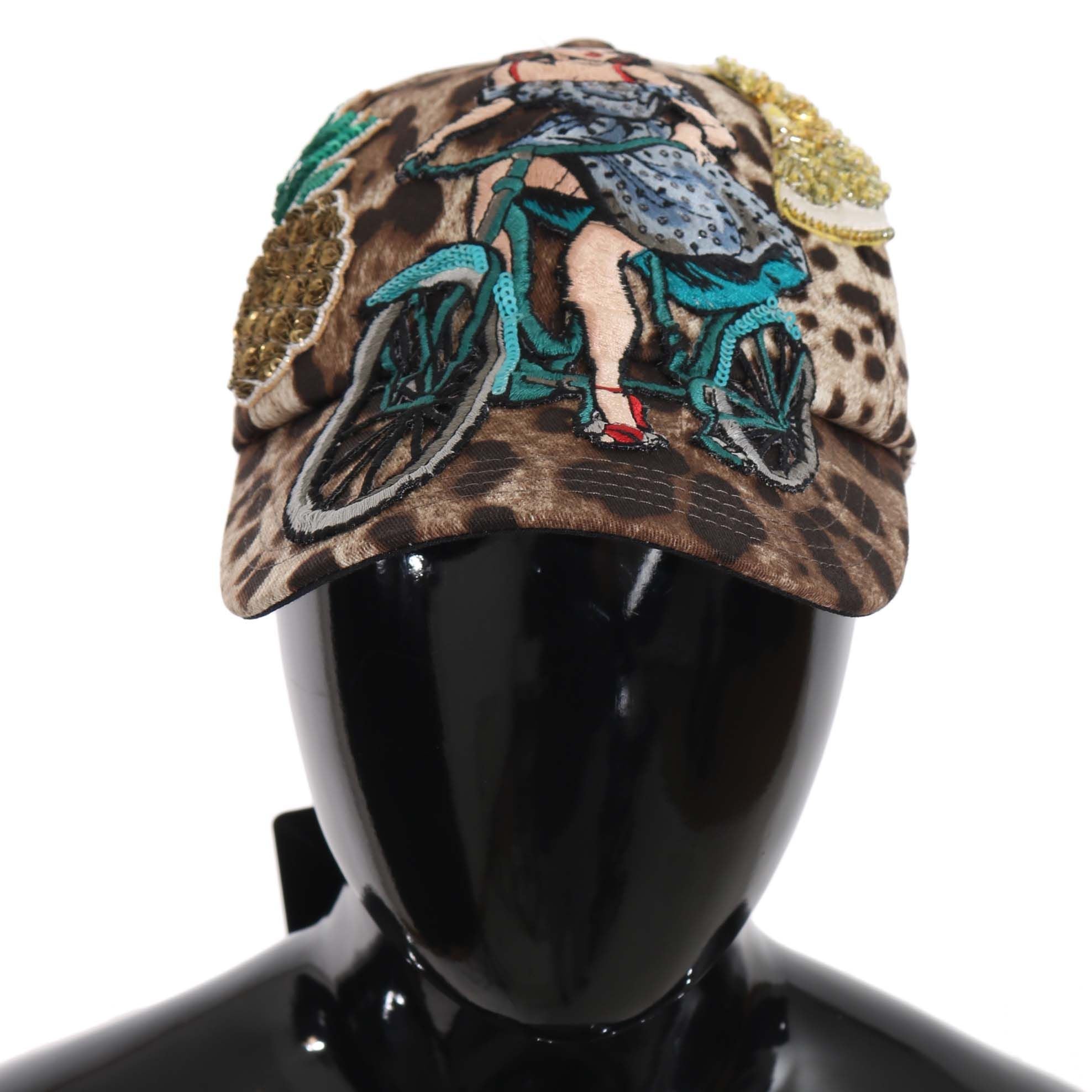 Dolce & Gabbana Brown Leopard Sequin Sicily Applique Baseball Hat