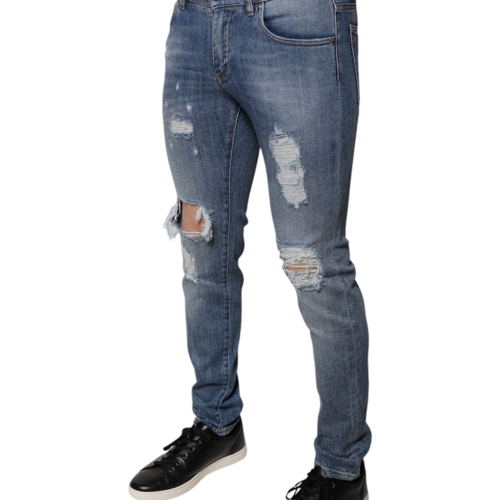 Dolce & Gabbana Blue Tattered Cotton Stretch Skinny Denim Jeans