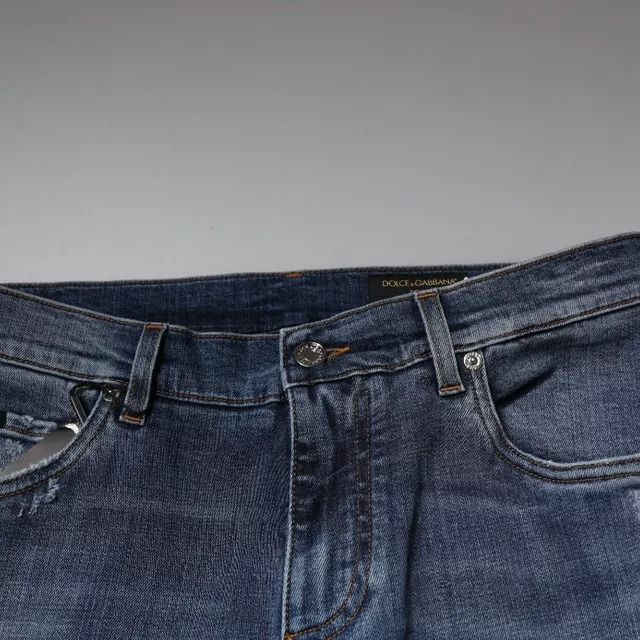 Dolce & Gabbana Blue Tattered Cotton Stretch Skinny Denim Jeans
