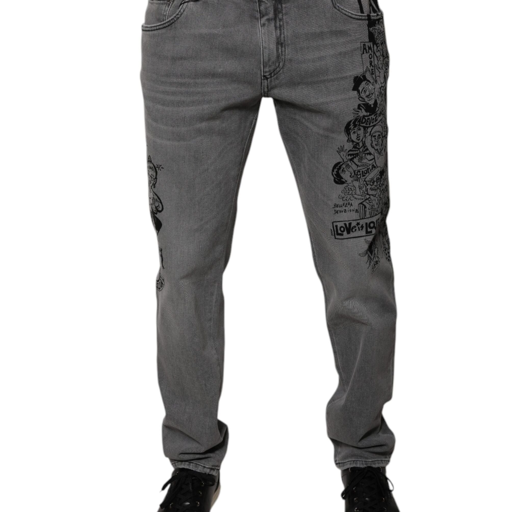 Dolce & Gabbana Gray Graphic Print Cotton Skinny Denim Jeans