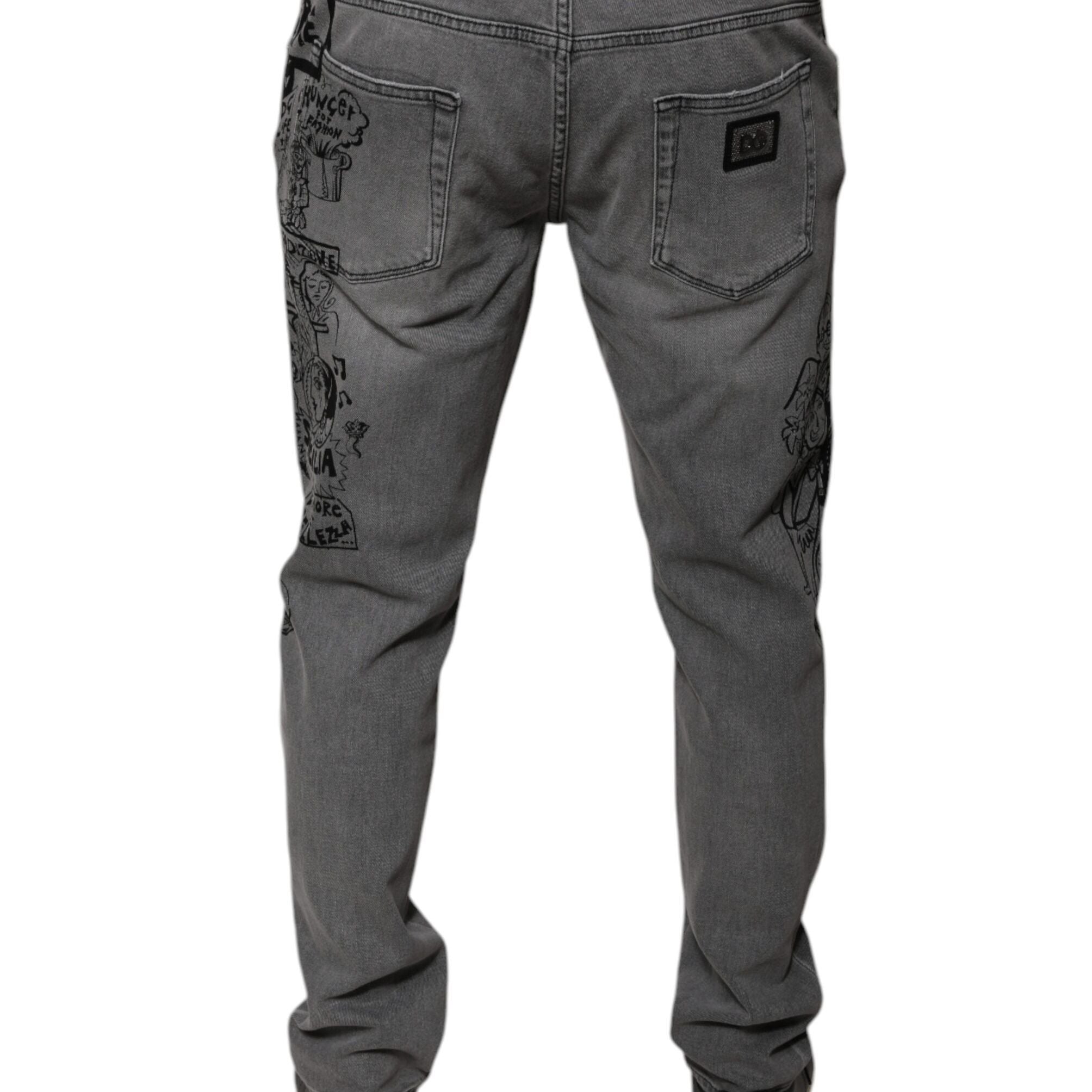 Dolce & Gabbana Gray Graphic Print Cotton Skinny Denim Jeans