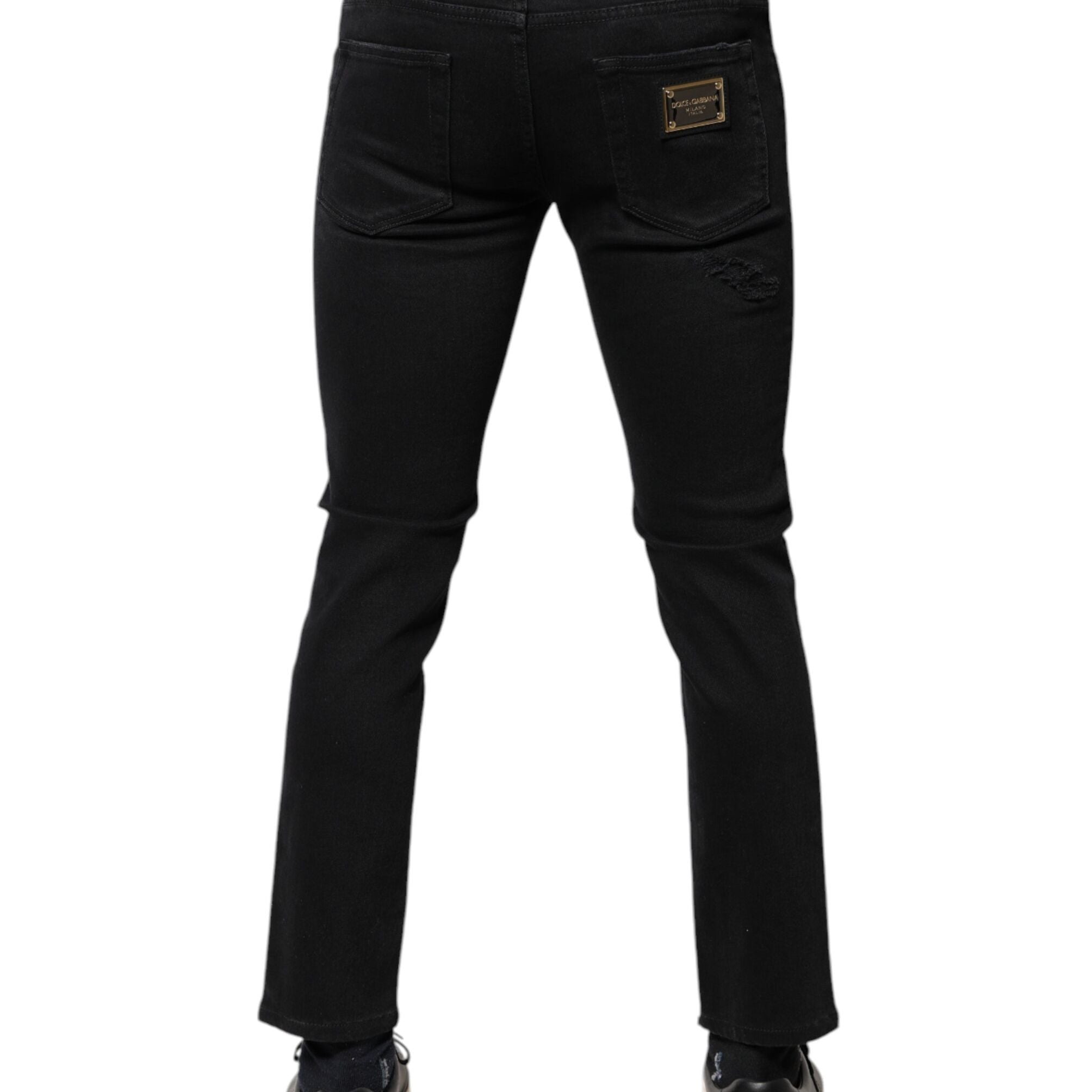 Dolce & Gabbana Black Cotton Tattered Skinny Denim Logo Jeans