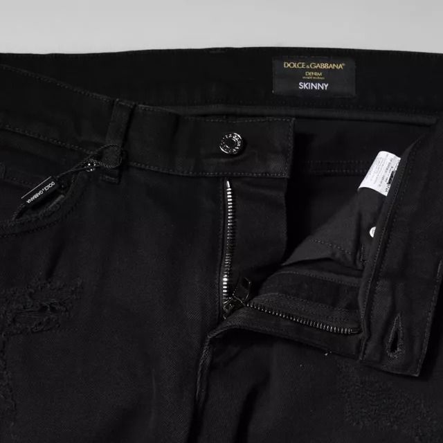 Dolce & Gabbana Black Cotton Tattered Skinny Denim Logo Jeans