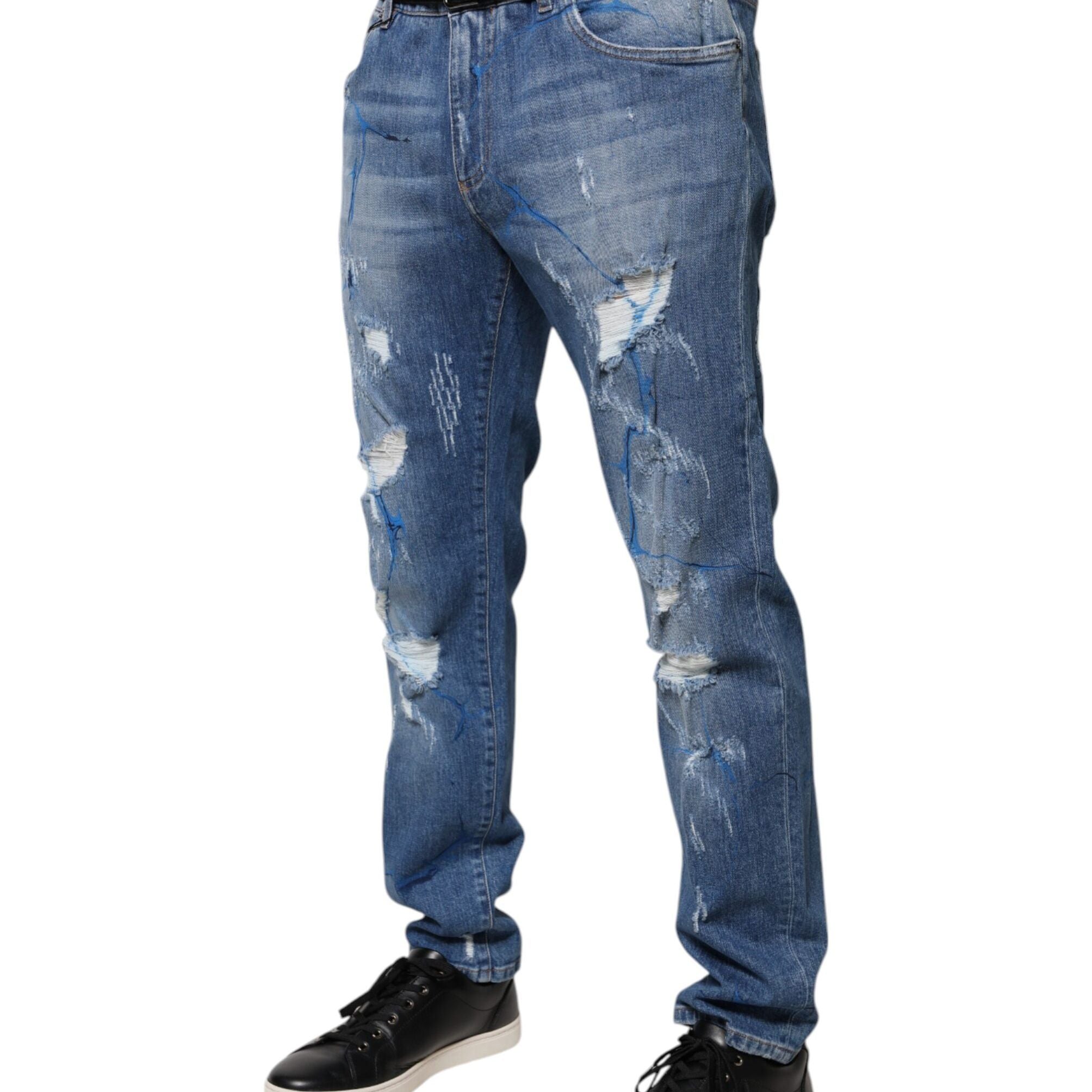 Dolce & Gabbana Blue Cotton Stretch Tattered Skinny Denim Jeans