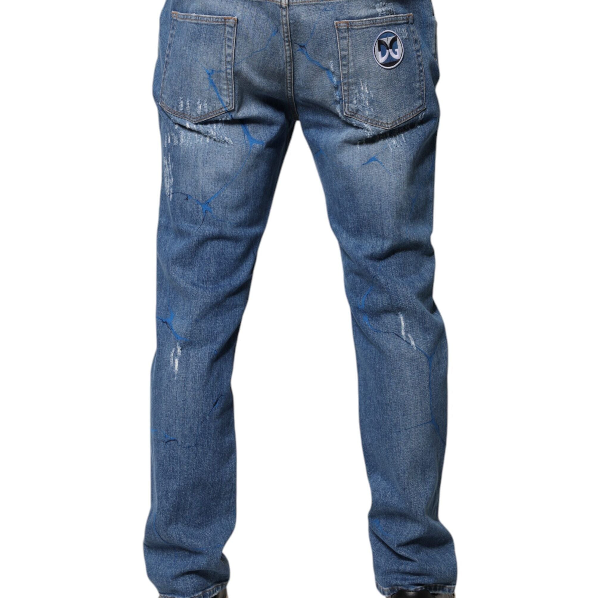 Dolce & Gabbana Blue Cotton Stretch Tattered Skinny Denim Jeans