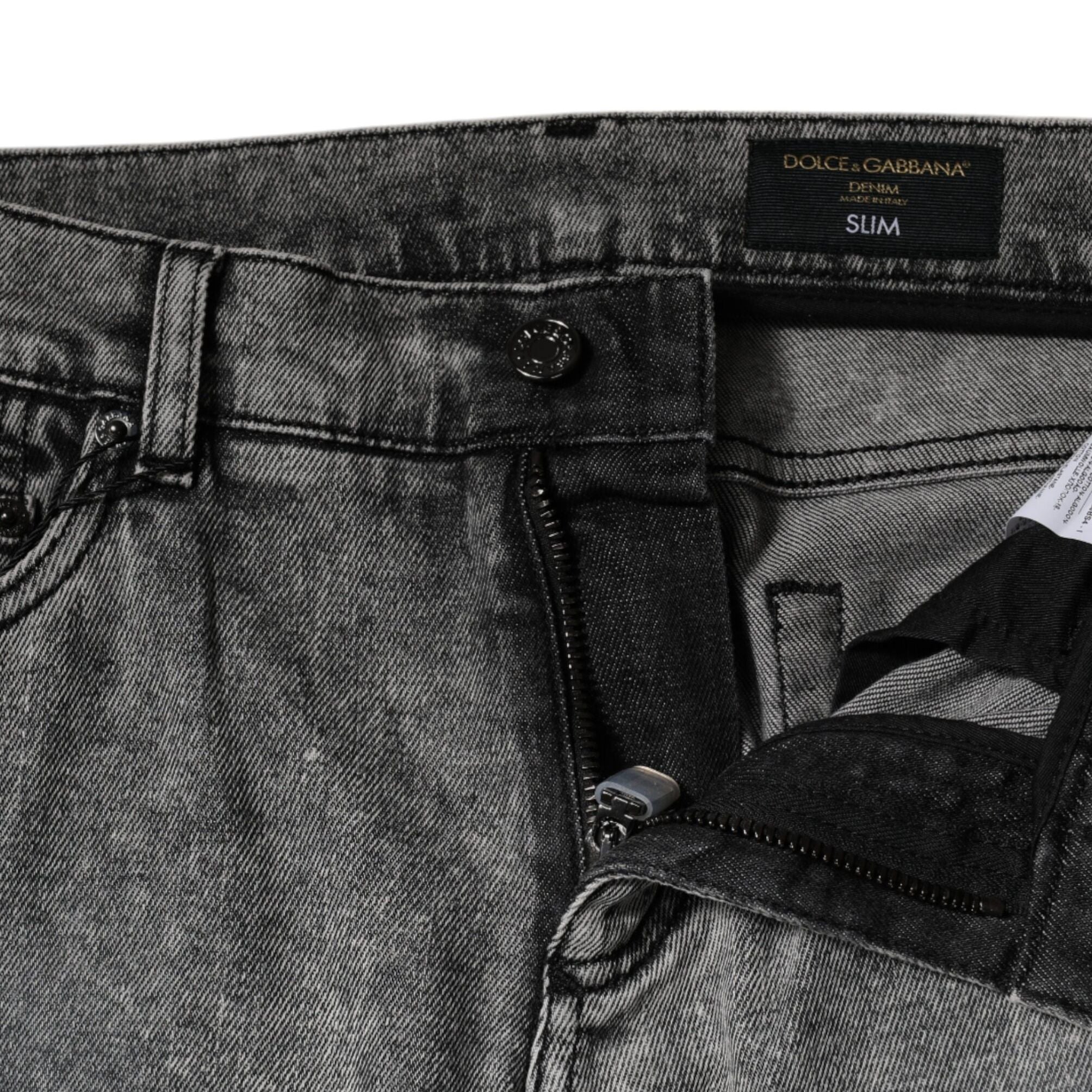 Dolce & Gabbana Gray Logo Plaque Cotton Slim Fit Denim Jeans