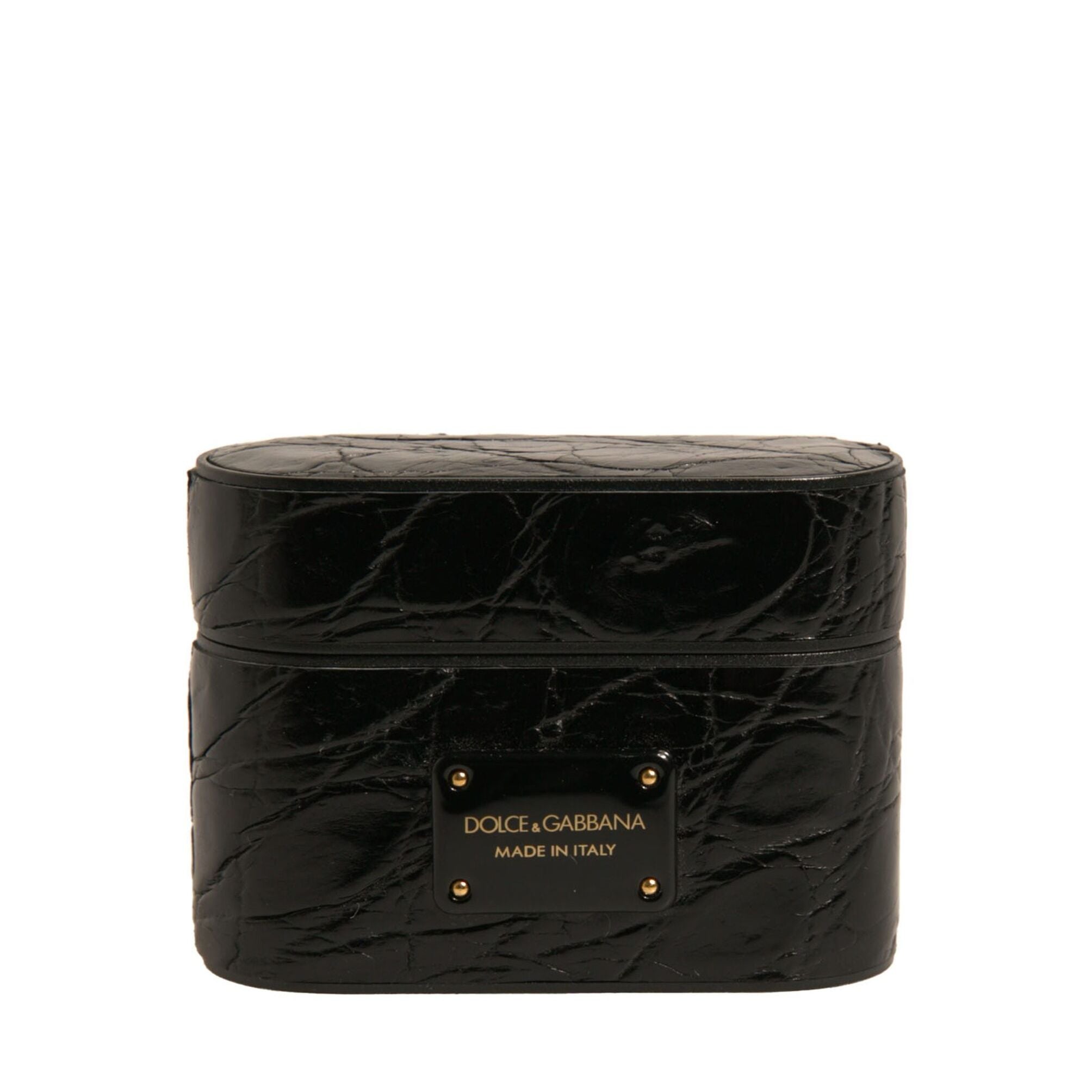 Dolce & Gabbana Black Leather Metal Logo Plaque Holder Airpods Case