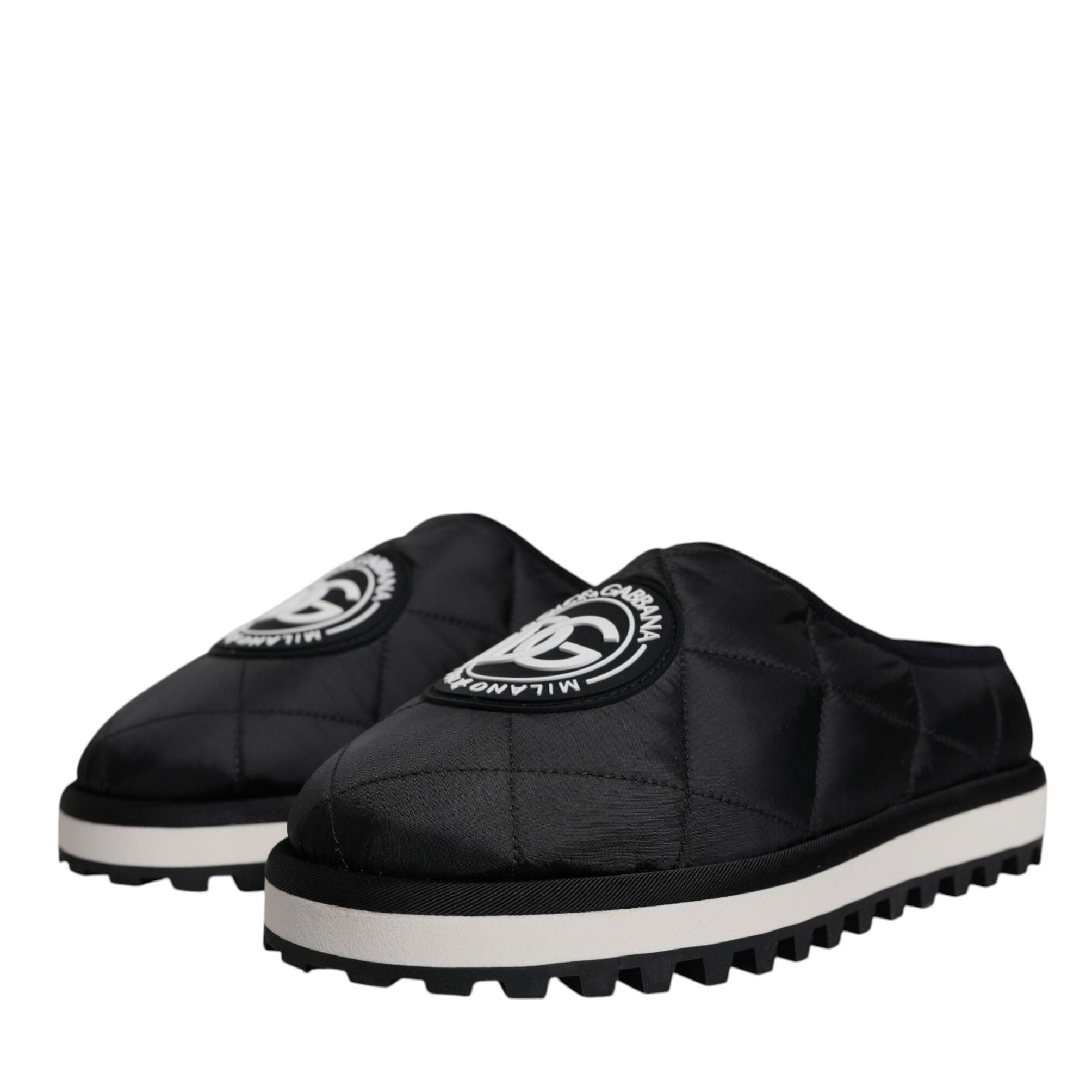Dolce & Gabbana Black Nylon Quilted Logo Patch Sandals Slides Shoes
