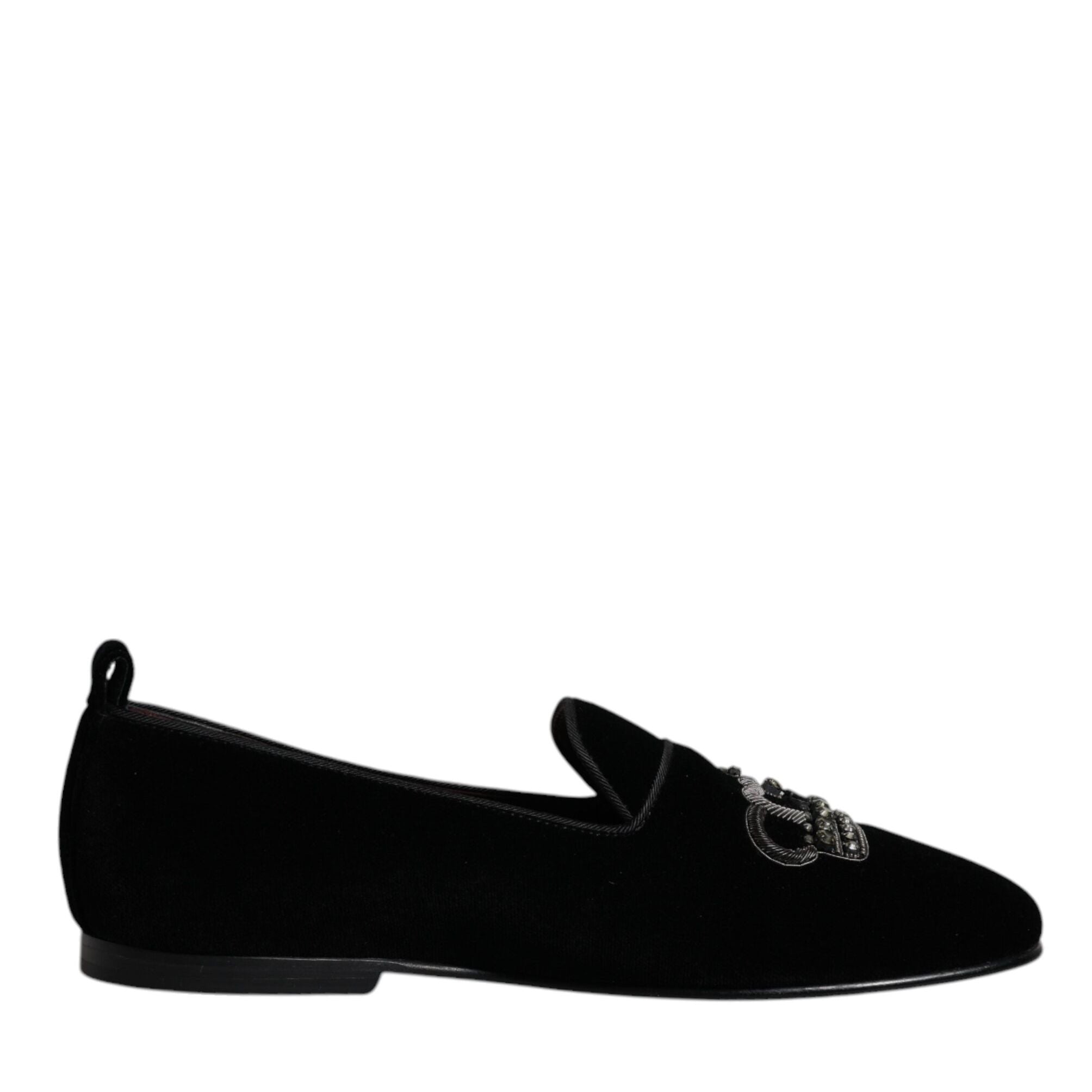 Dolce & Gabbana Black Velvet Crystal Crown Loafers Formal Dress Shoes