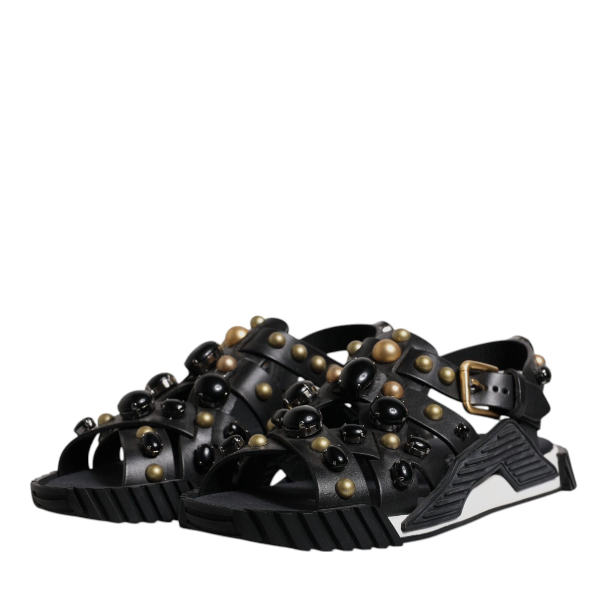 Dolce & Gabbana Black Leather Studded Slides Sandals Shoes
