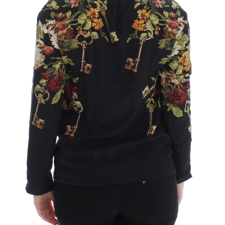 Dolce & Gabbana Black Key Floral Print Silk Blouse Top
