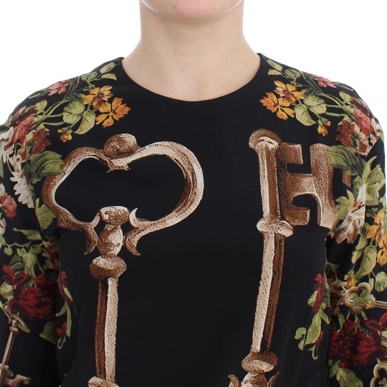 Dolce & Gabbana Black Key Floral Print Silk Blouse Top