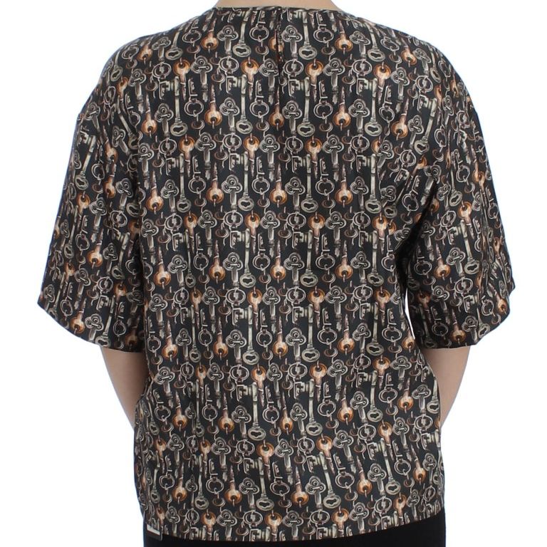 Dolce & Gabbana Gray Gold Key Print Silk Blouse T-shirt