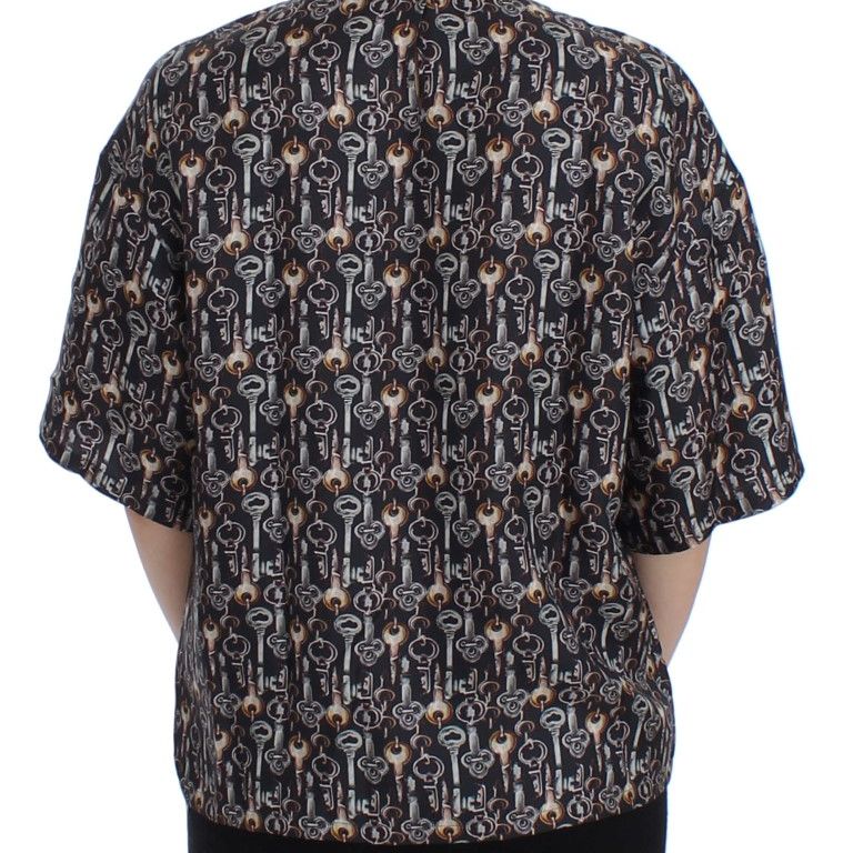 Dolce & Gabbana Gray Gold Key Print Silk Blouse T-shirt