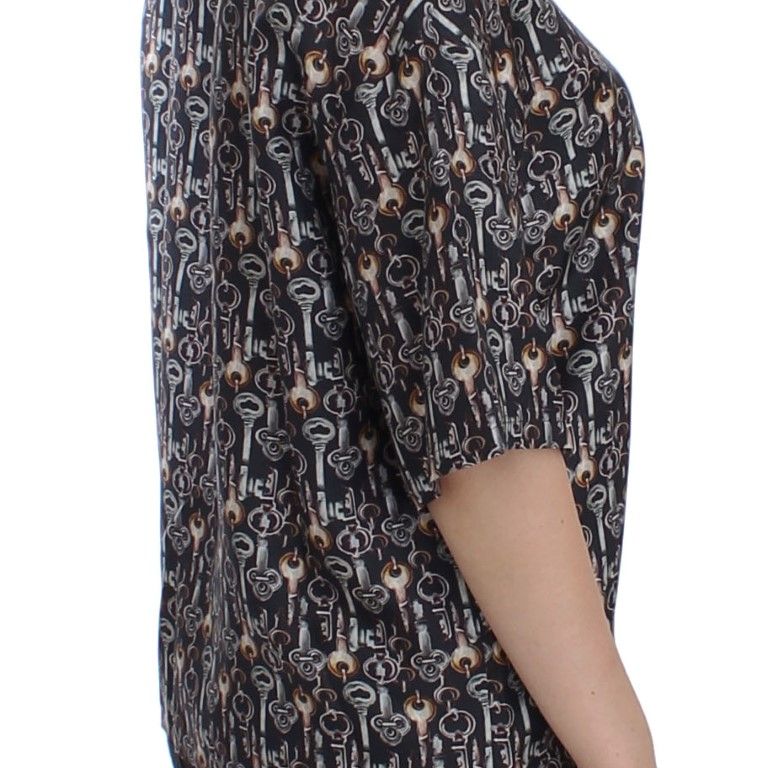 Dolce & Gabbana Gray Gold Key Print Silk Blouse T-shirt
