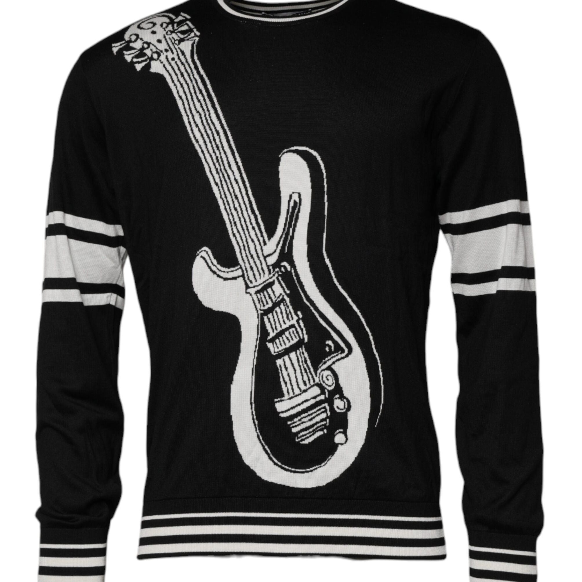 Dolce & Gabbana Black White Guitar Silk Crew Neck Sweater