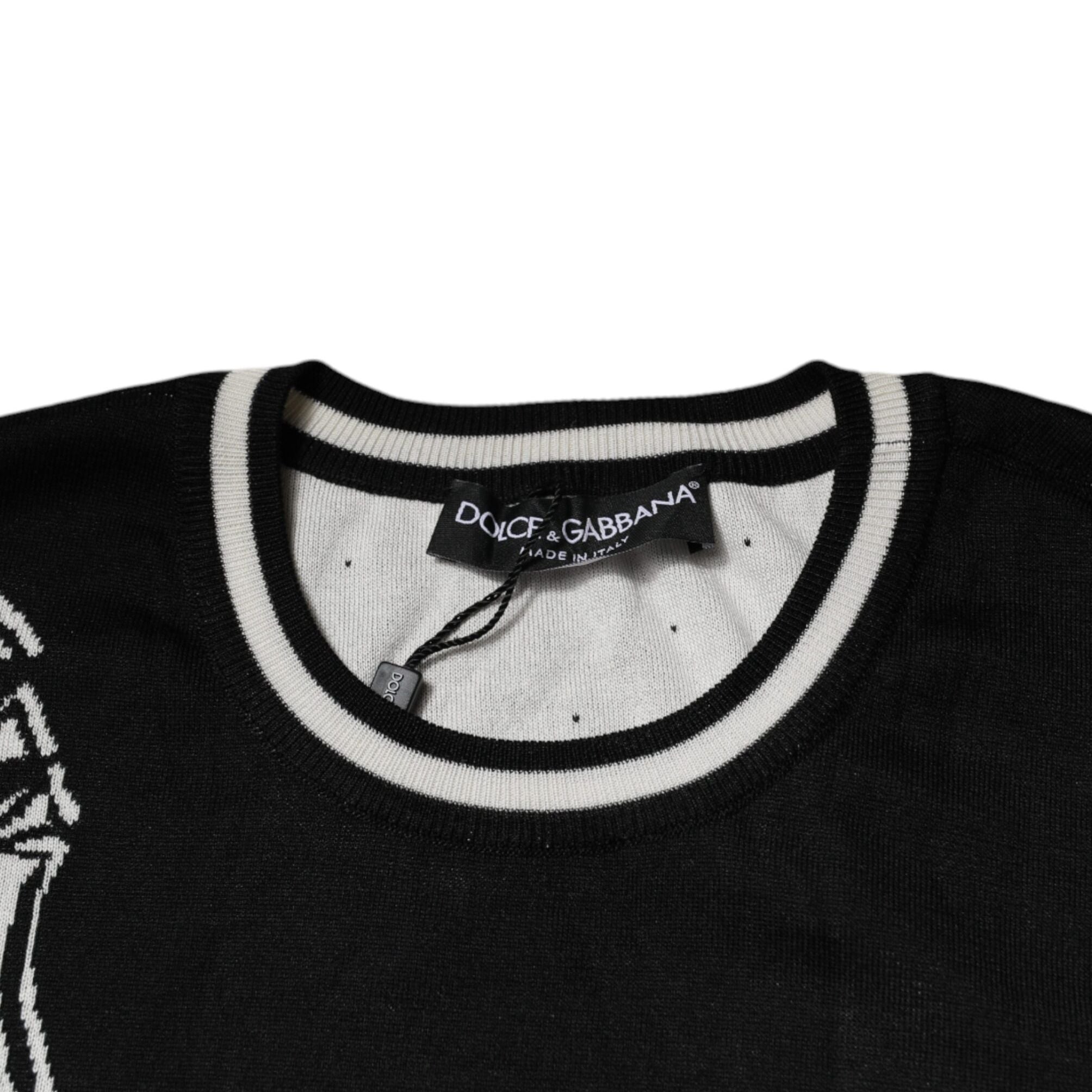 Dolce & Gabbana Black White Guitar Silk Crew Neck Sweater