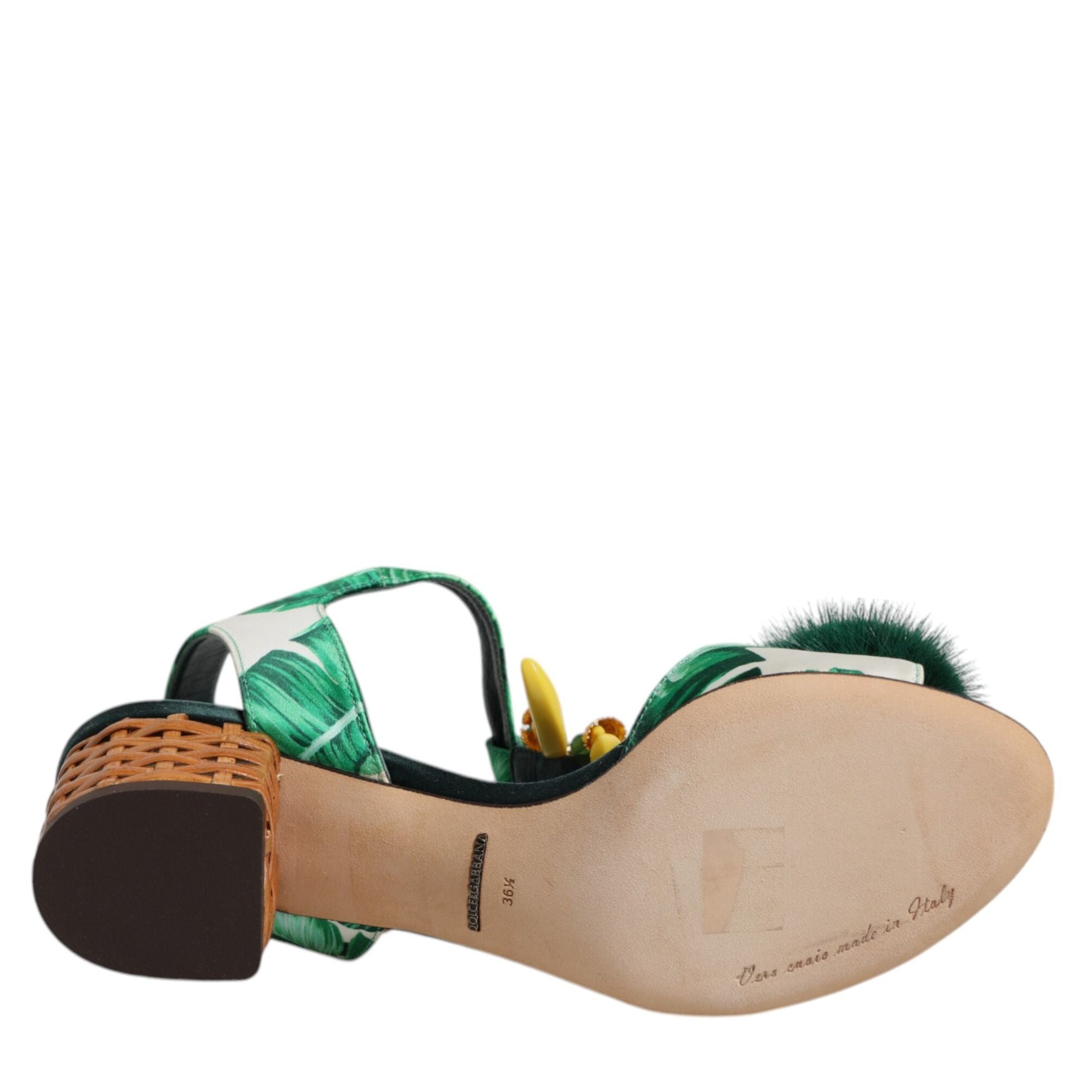 Dolce & Gabbana Green Crystal Fur Embellished Sandals Shoes