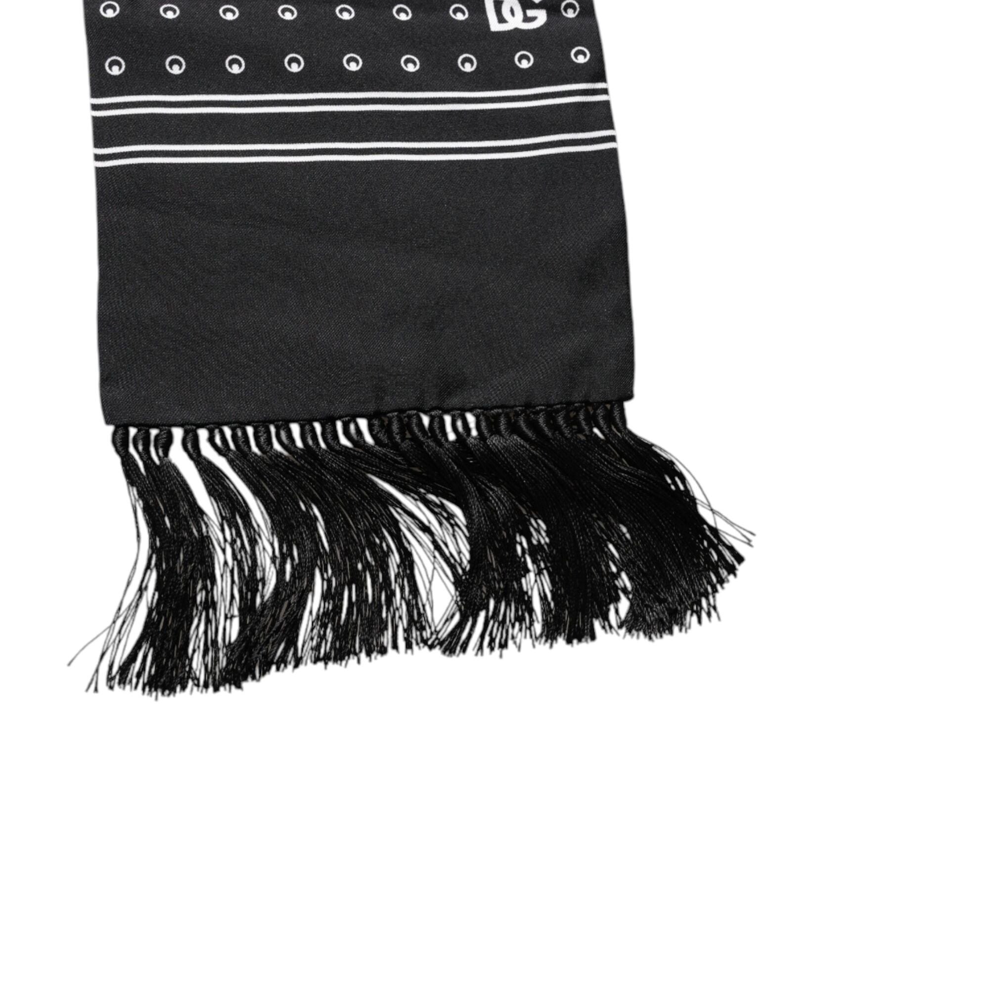 Dolce & Gabbana Black White Polka Dotted Silk Skinny Fringes Scarf