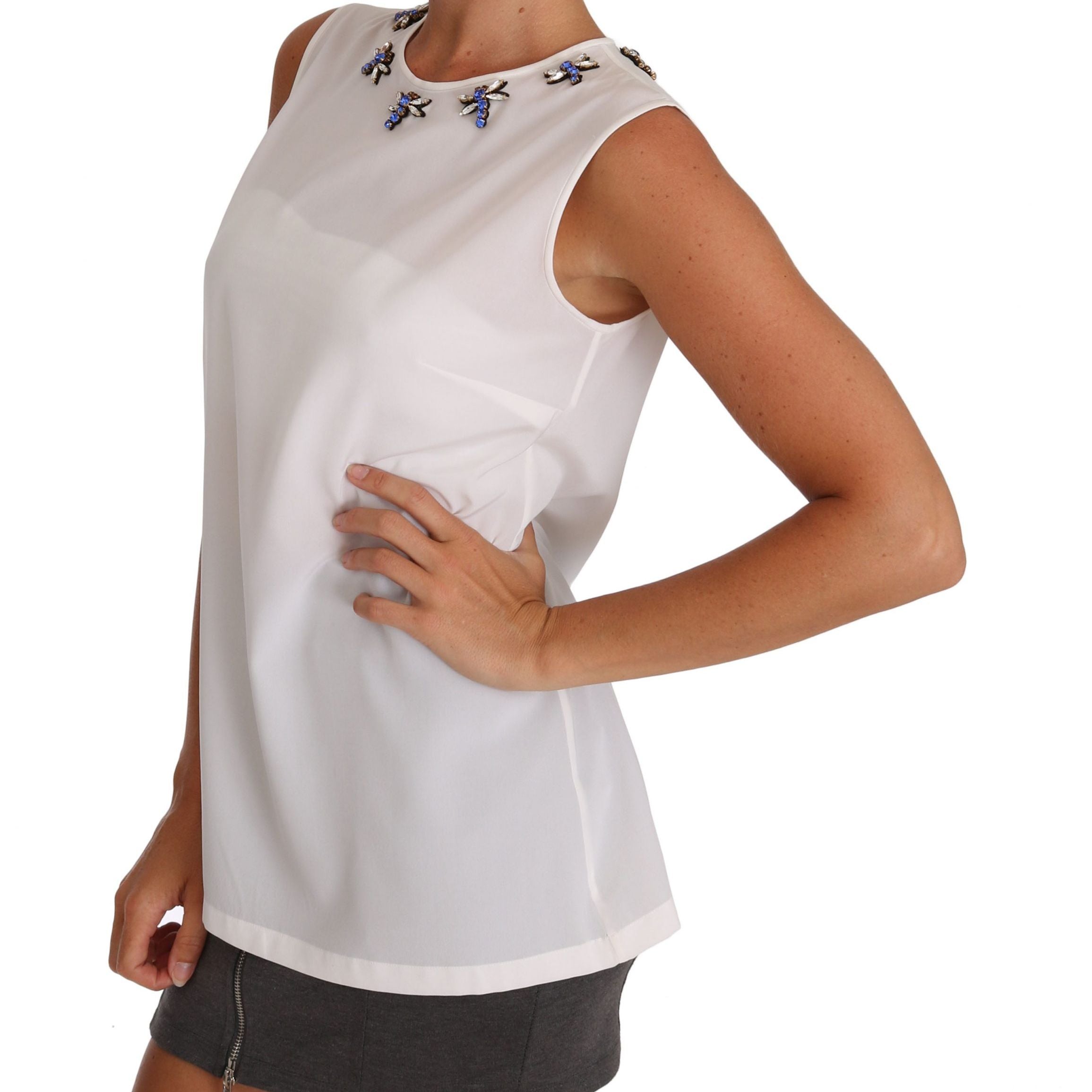 Dolce & Gabbana White Silk Crystal Embellished Fly T-shirt