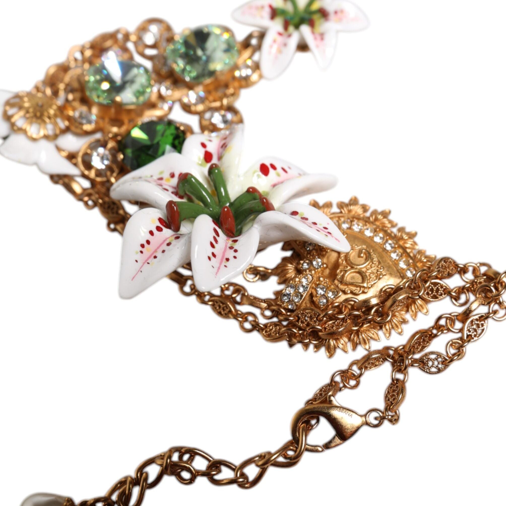 Dolce & Gabbana Gold Brass Lily Crystal Sacred Heart Pendant Necklace