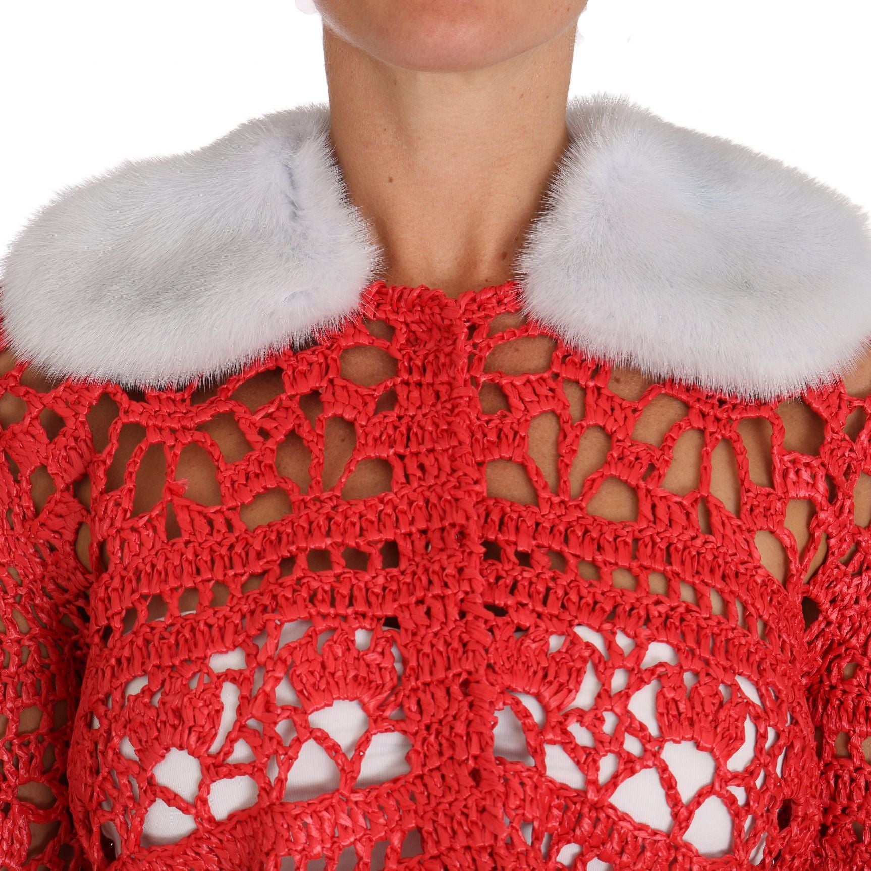 Dolce & Gabbana Red Cardigan Crochet Knit Raffia Sweater