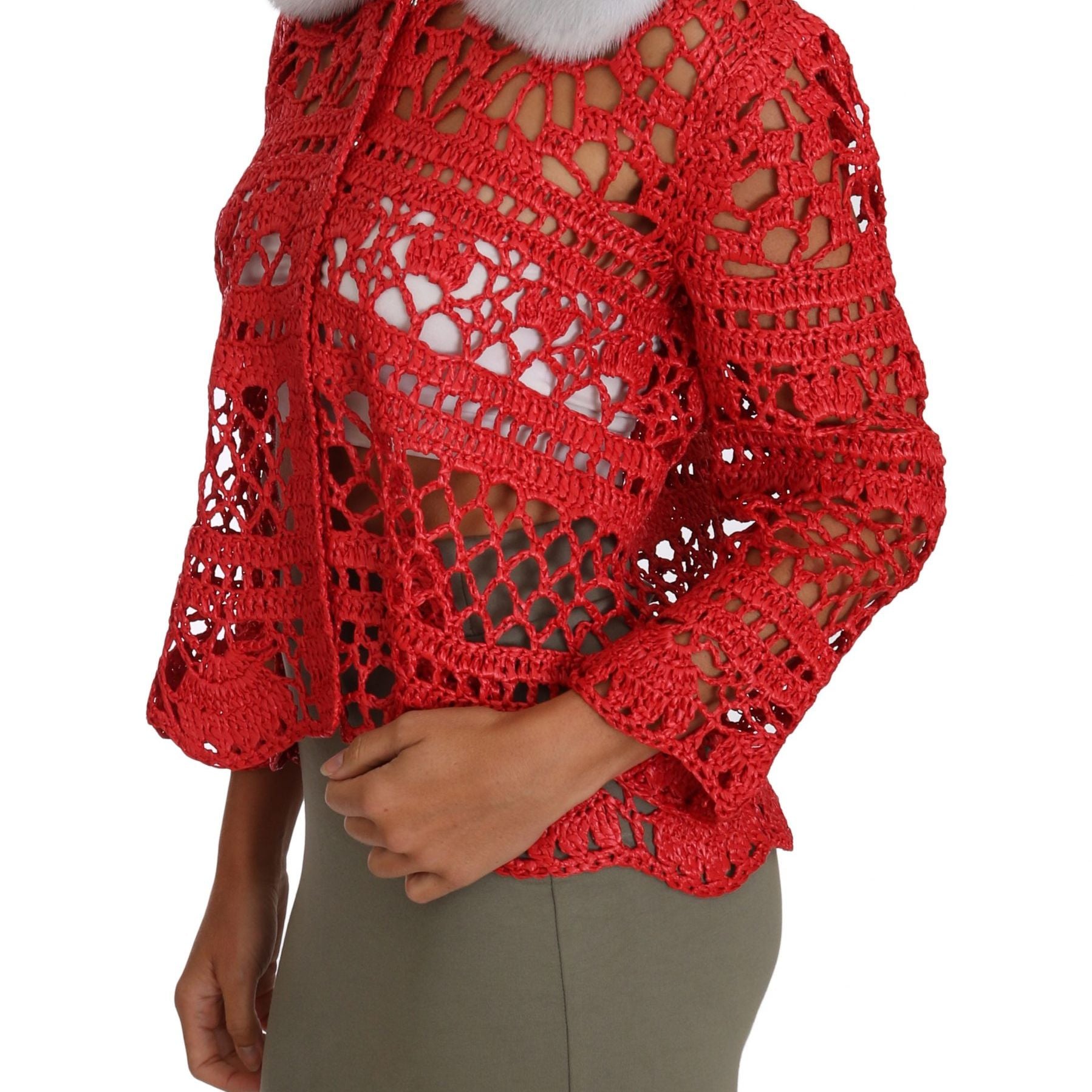 Dolce & Gabbana Red Cardigan Crochet Knit Raffia Sweater