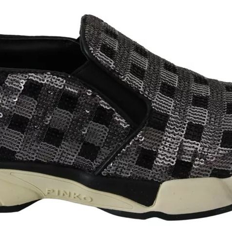 PINKO Silver Black Slip-on Sequence Design Sneakers Shoes
