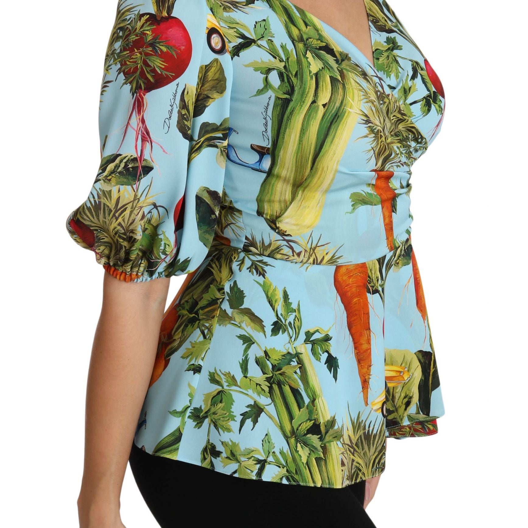 Dolce & Gabbana Multicolor Vegetable Print Silk Top Peplum Wrap Blouse