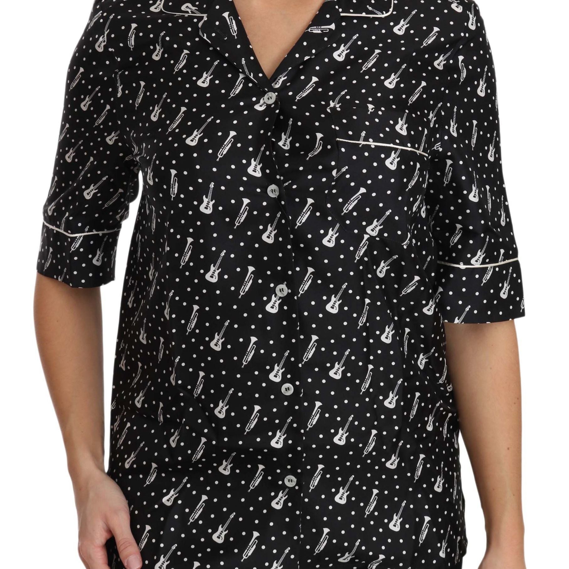 Dolce & Gabbana Black GuitarTrumpet Print Silk Shirt Top