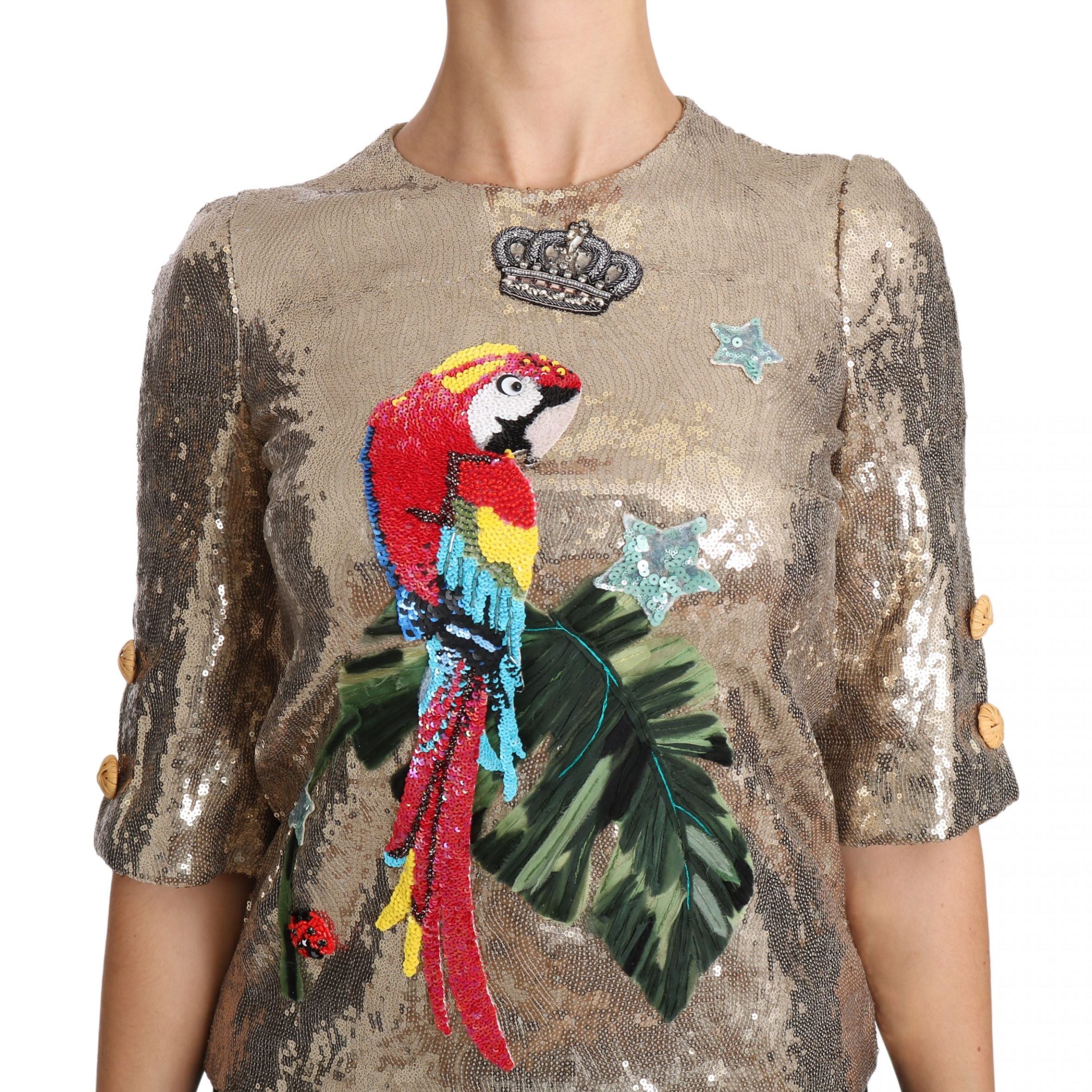 Dolce & Gabbana Gold Sequined Parrot Crystal Blouse
