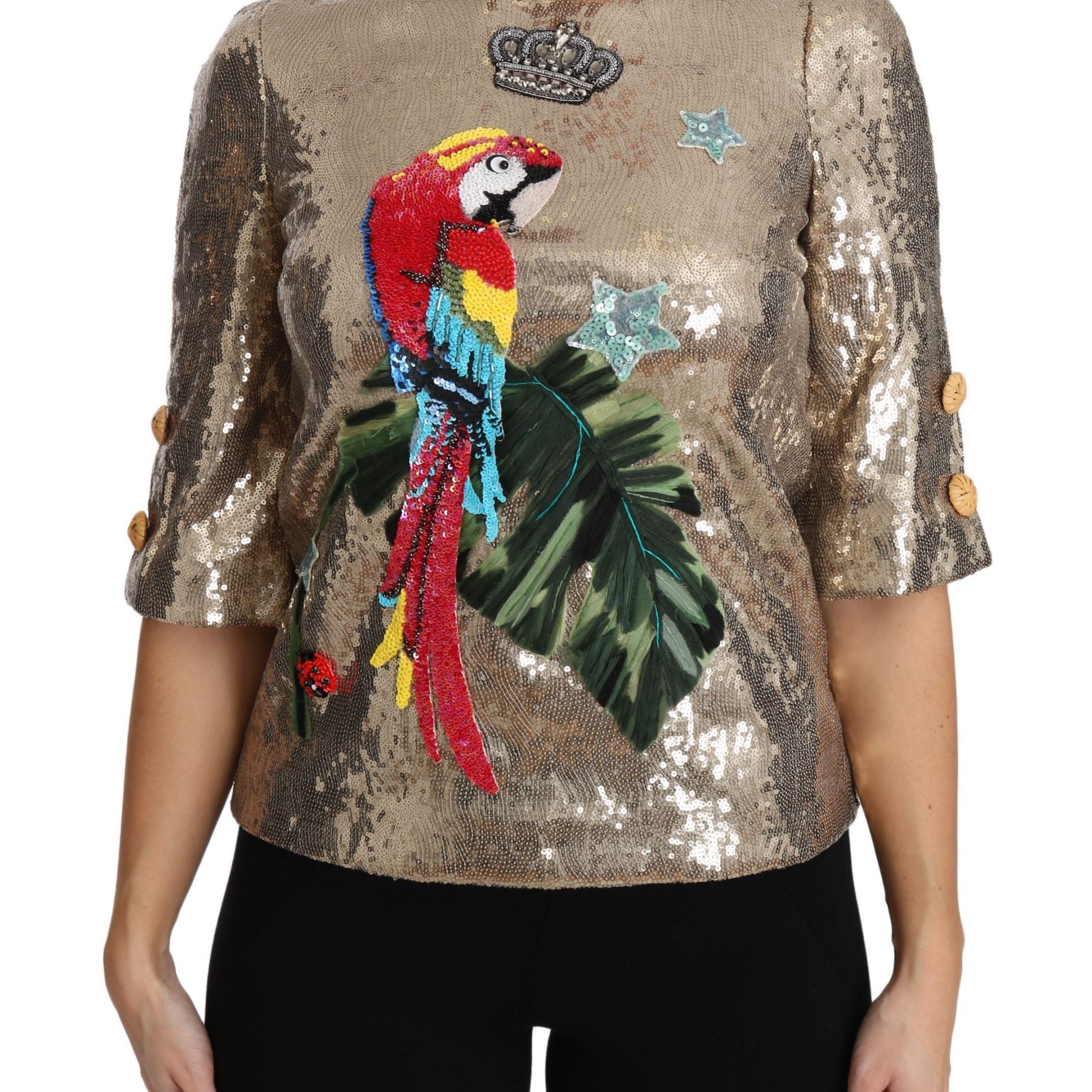 Dolce & Gabbana Gold Sequined Parrot Crystal Blouse
