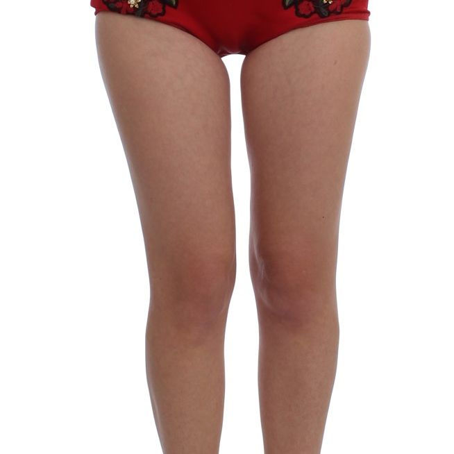 Dolce & Gabbana Red Silk Crystal Roses Shorts