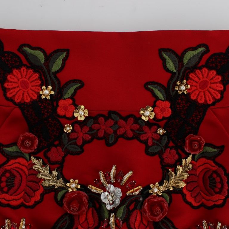 Dolce & Gabbana Red Silk Crystal Roses Shorts