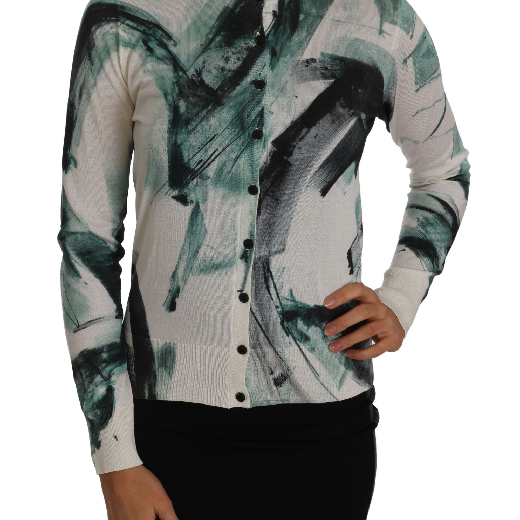 Dolce & Gabbana White Silk Cardigan Lightweight Paint Stroke Sweater