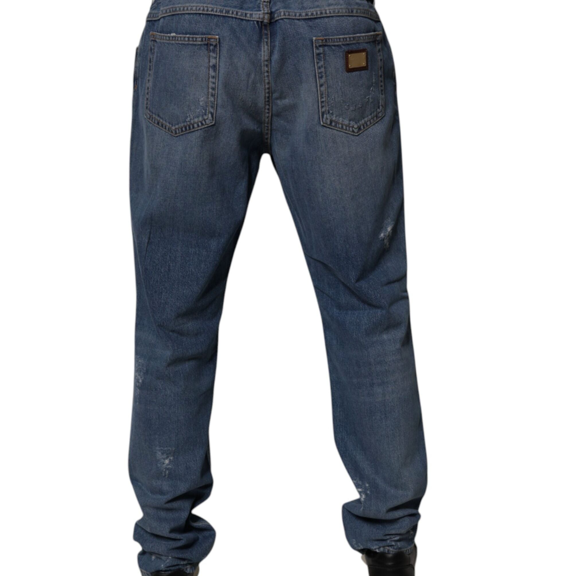 Dolce & Gabbana Blue Tattered Cotton Straight Denim Jeans