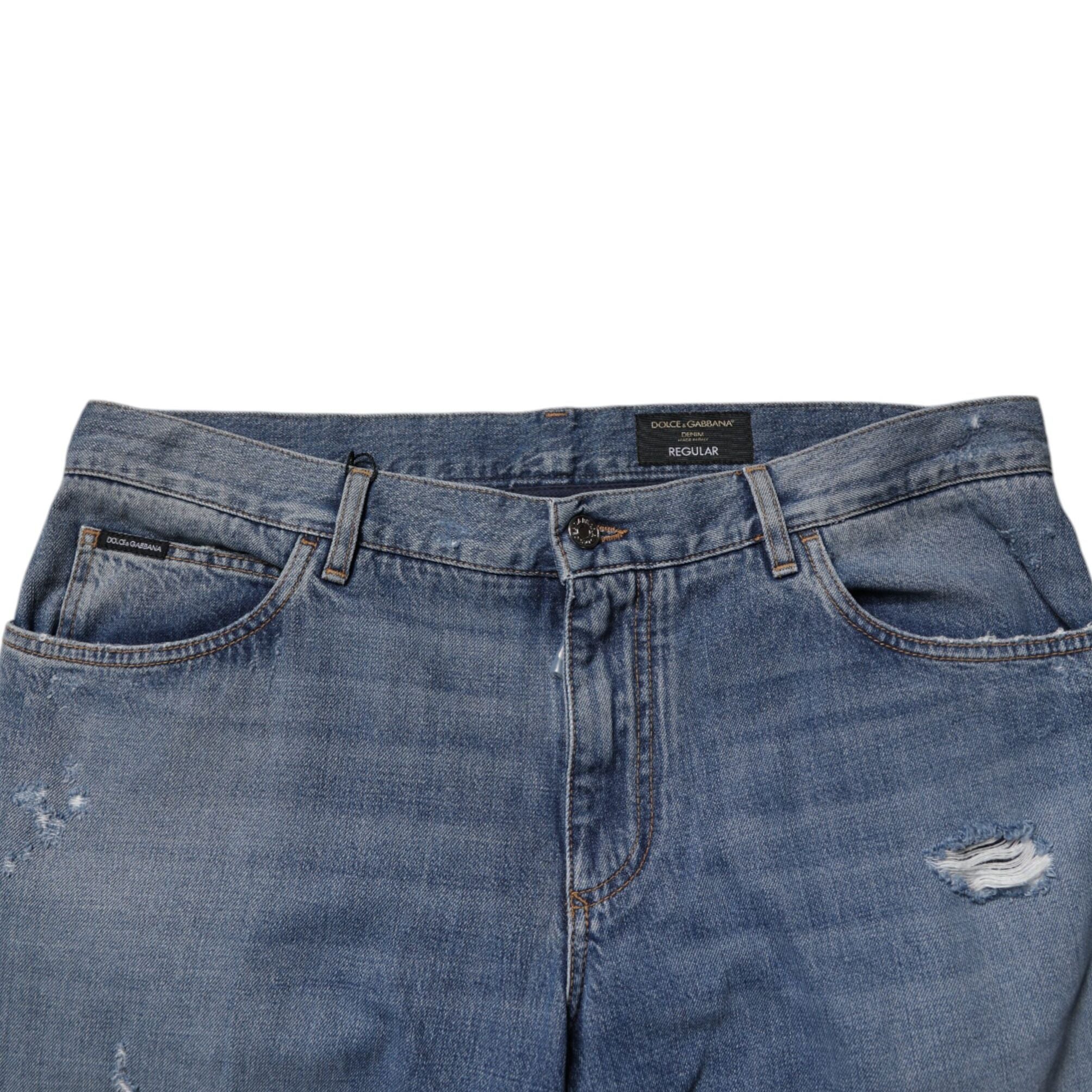 Dolce & Gabbana Blue Tattered Cotton Straight Denim Jeans