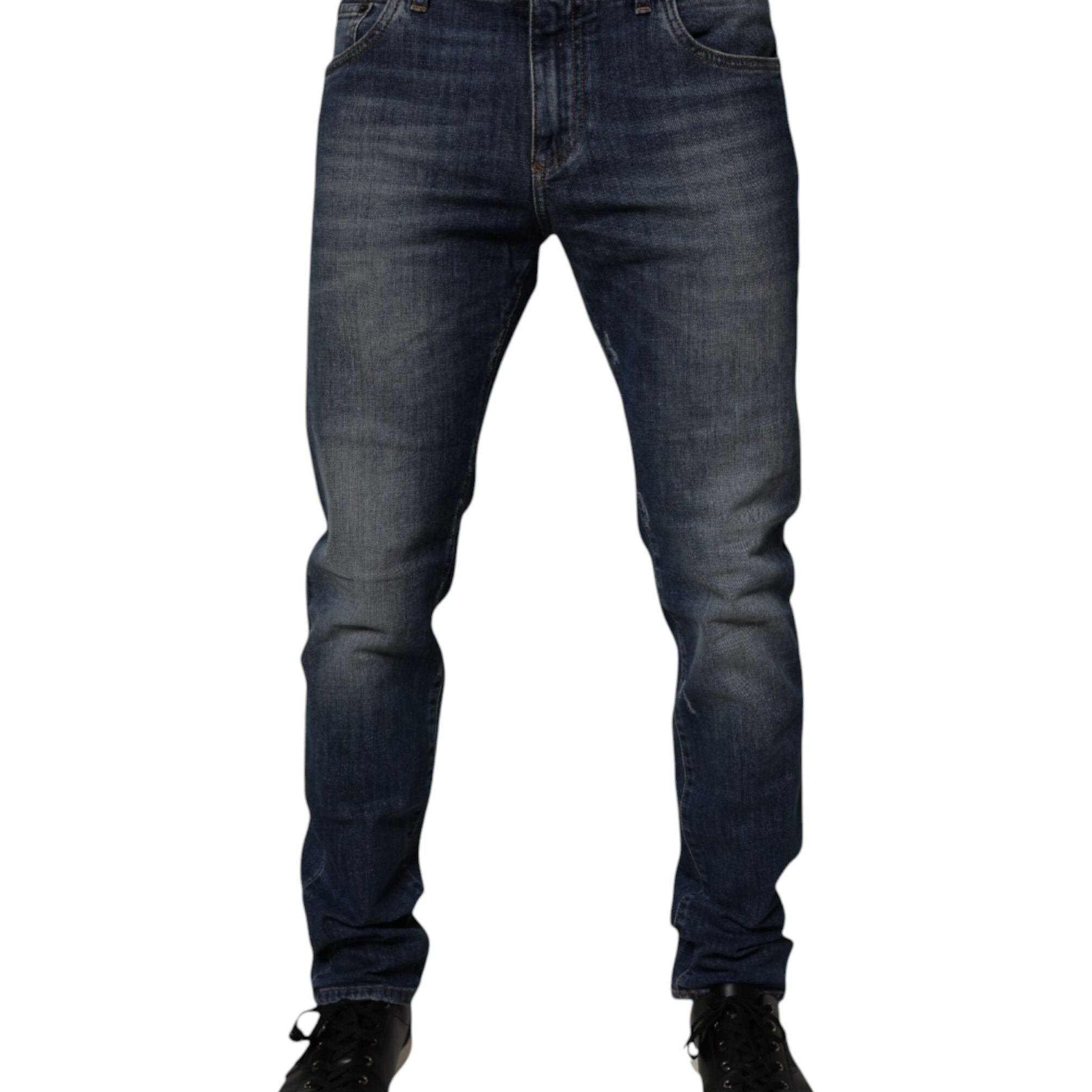 Dolce & Gabbana Dark Blue Cotton Leather Skinny Denim Jeans