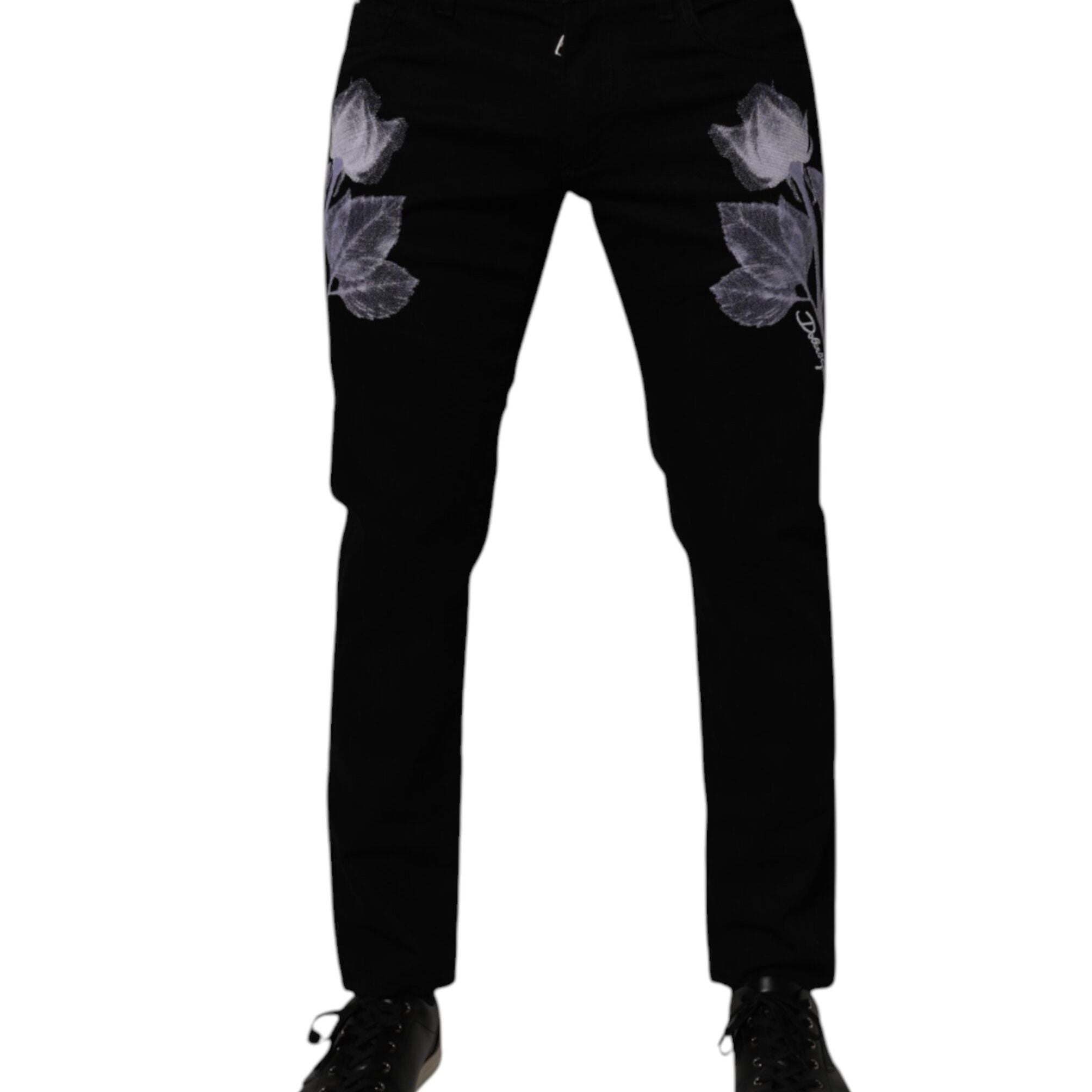 Dolce & Gabbana Black Floral Cotton Skinny Men Denim Jeans