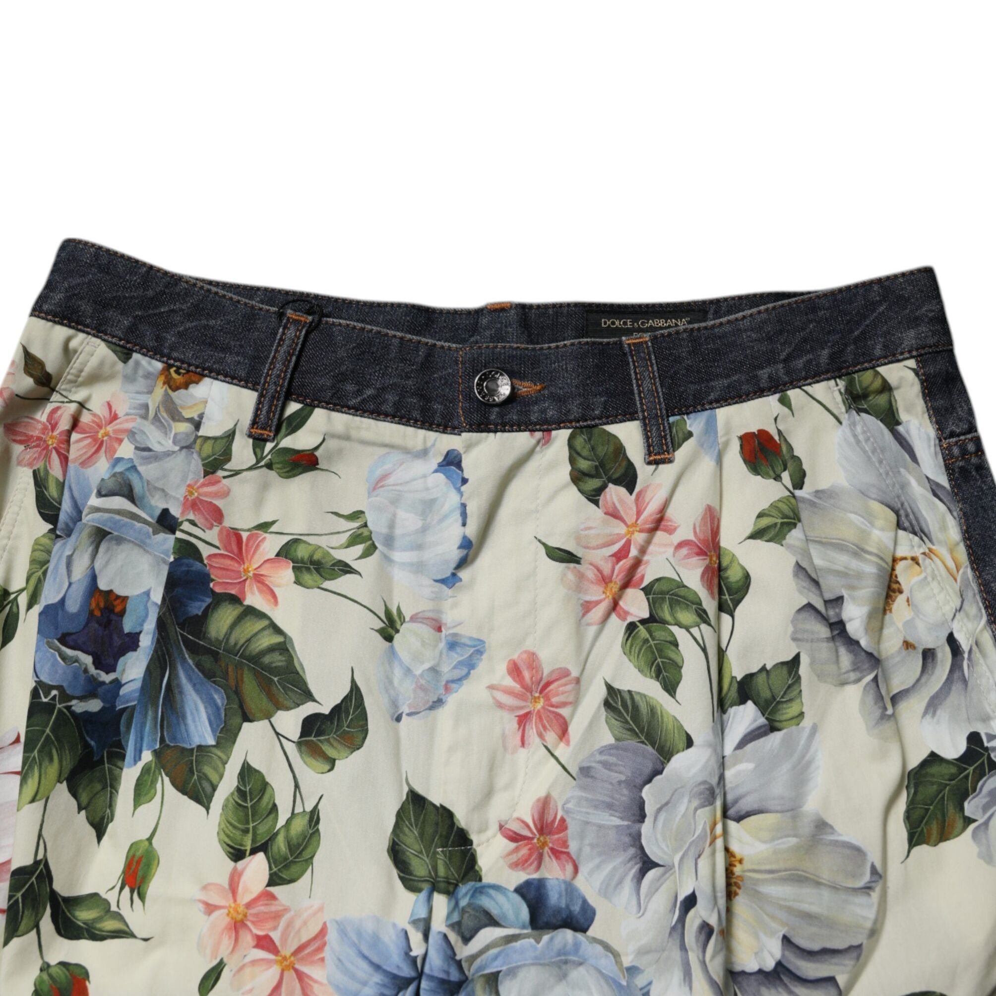 Dolce & Gabbana Beige Blue Floral Cotton Men Denim Jeans