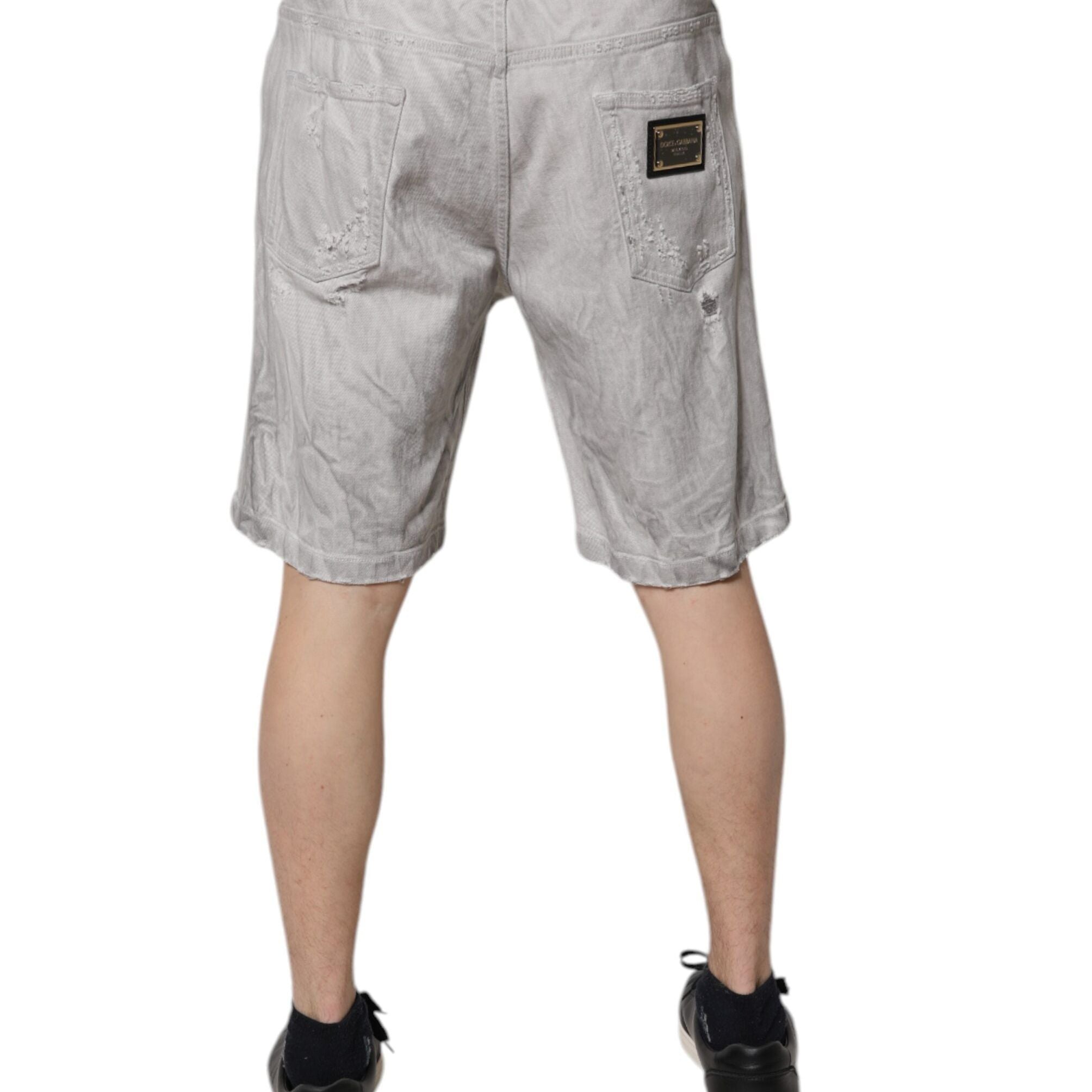 Dolce & Gabbana Light Gray Tattered Men Denim Bermuda Shorts