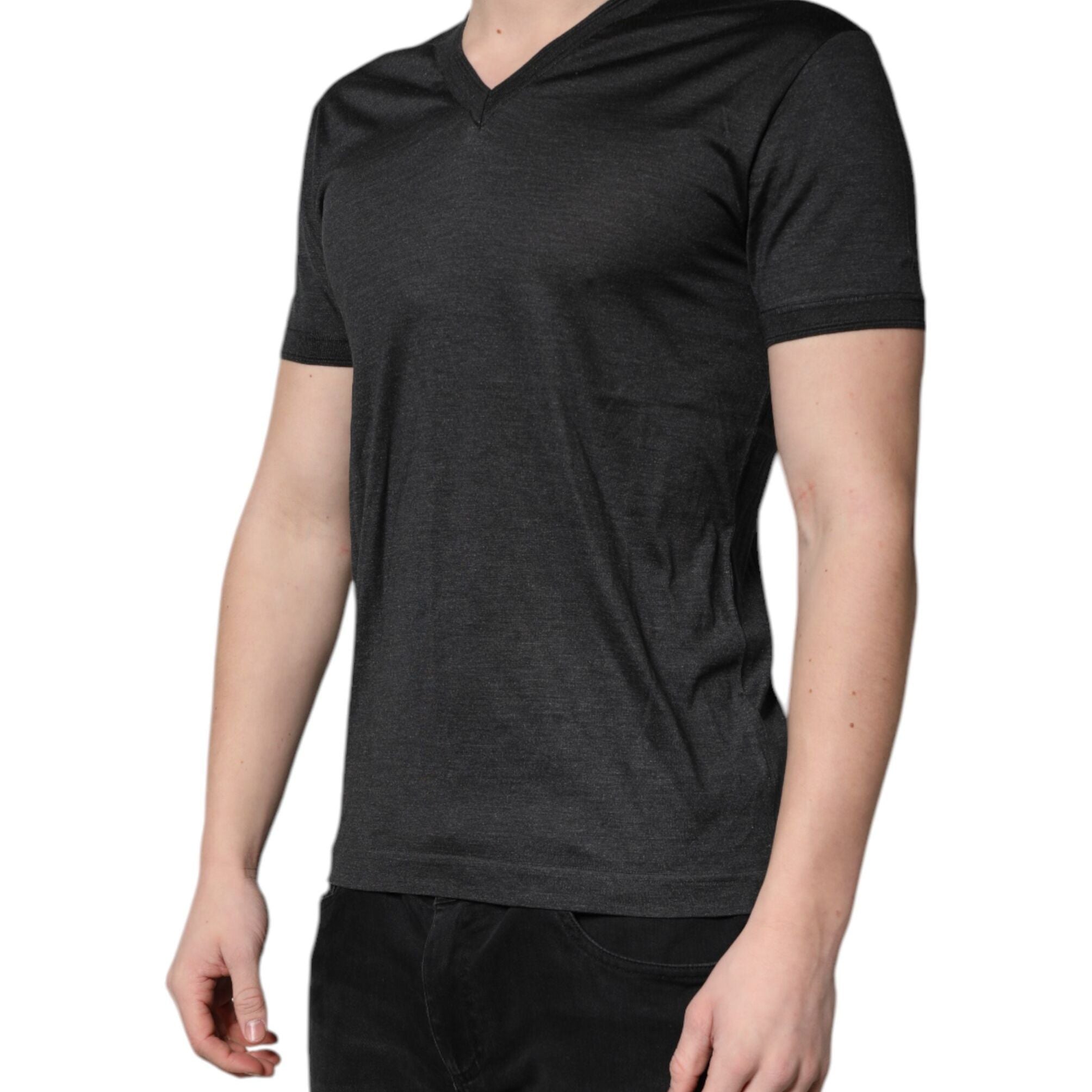 Dolce & Gabbana Dark Gray Silk V-neck Short Sleeves T-shirt