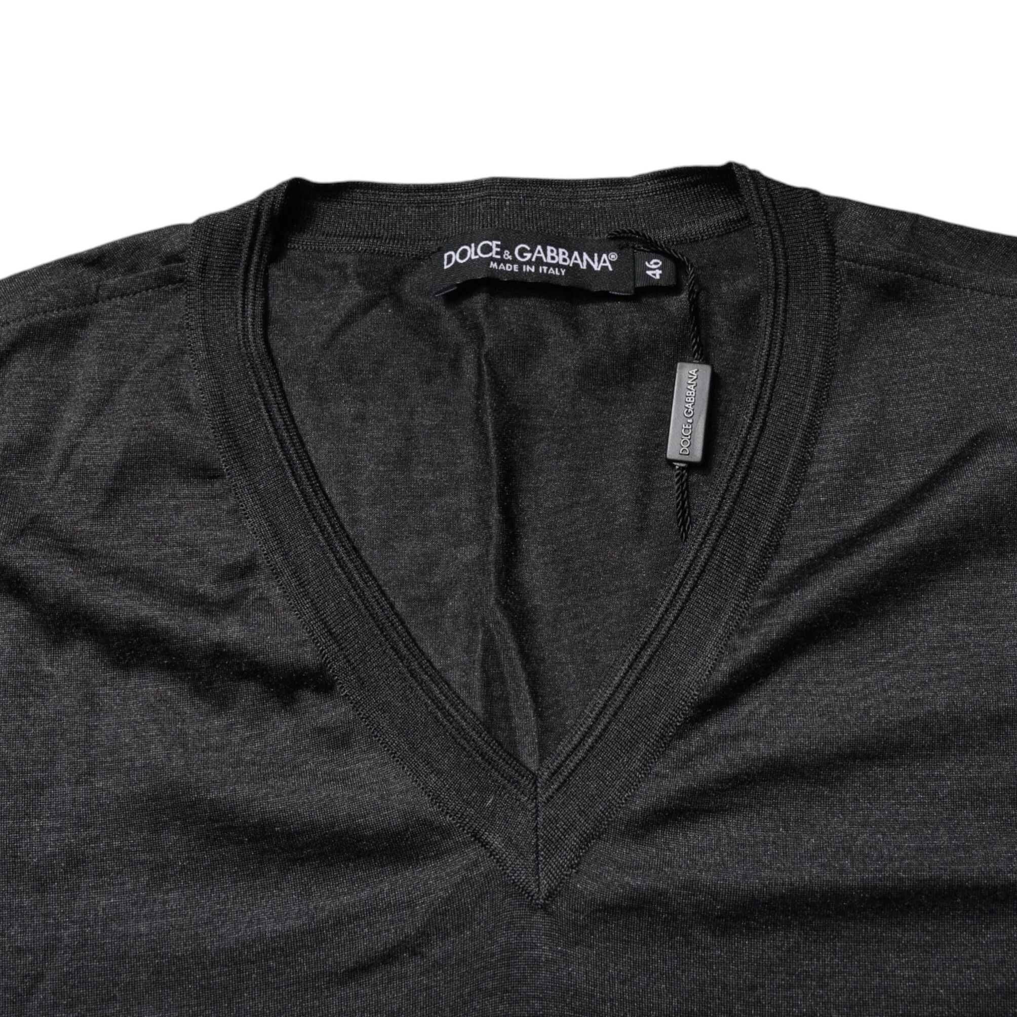 Dolce & Gabbana Dark Gray Silk V-neck Short Sleeves T-shirt