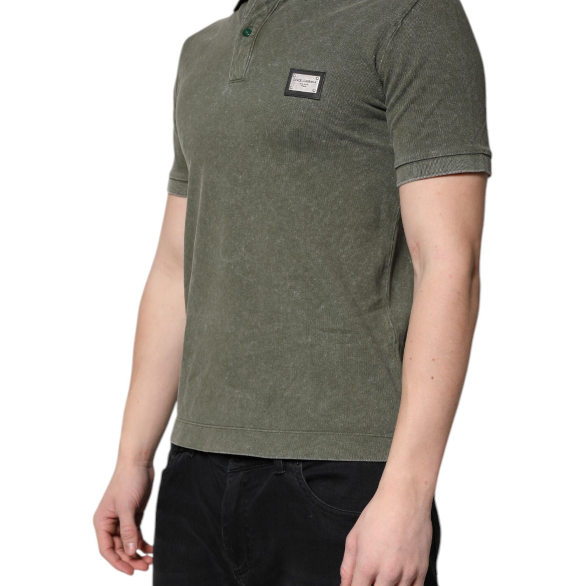 Dolce & Gabbana Army Green Logo Plaque Cotton Polo Shirt T-shirt