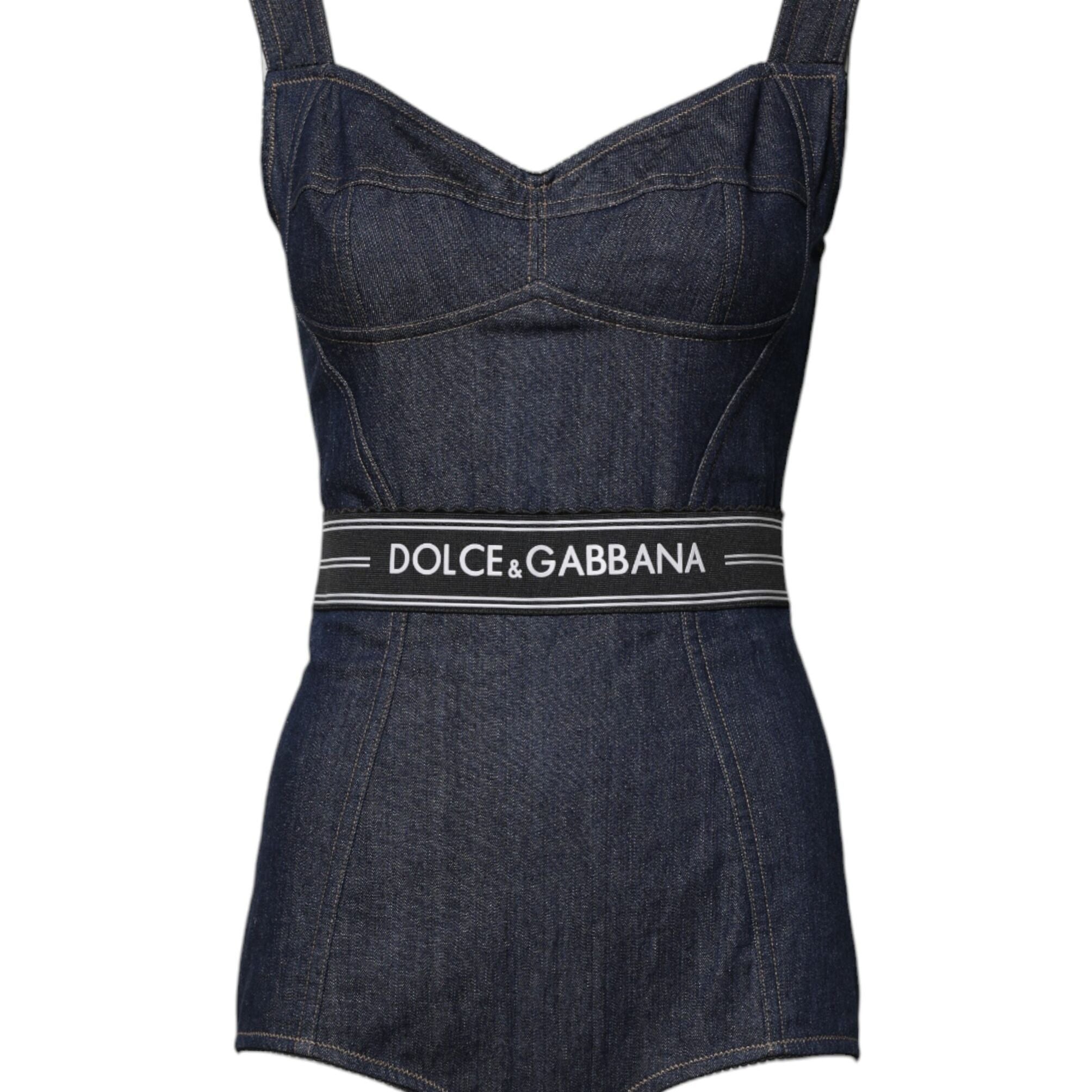 Dolce & Gabbana Blue Cotton Stretch Sleeveless Bodycon Denim Bodysuit