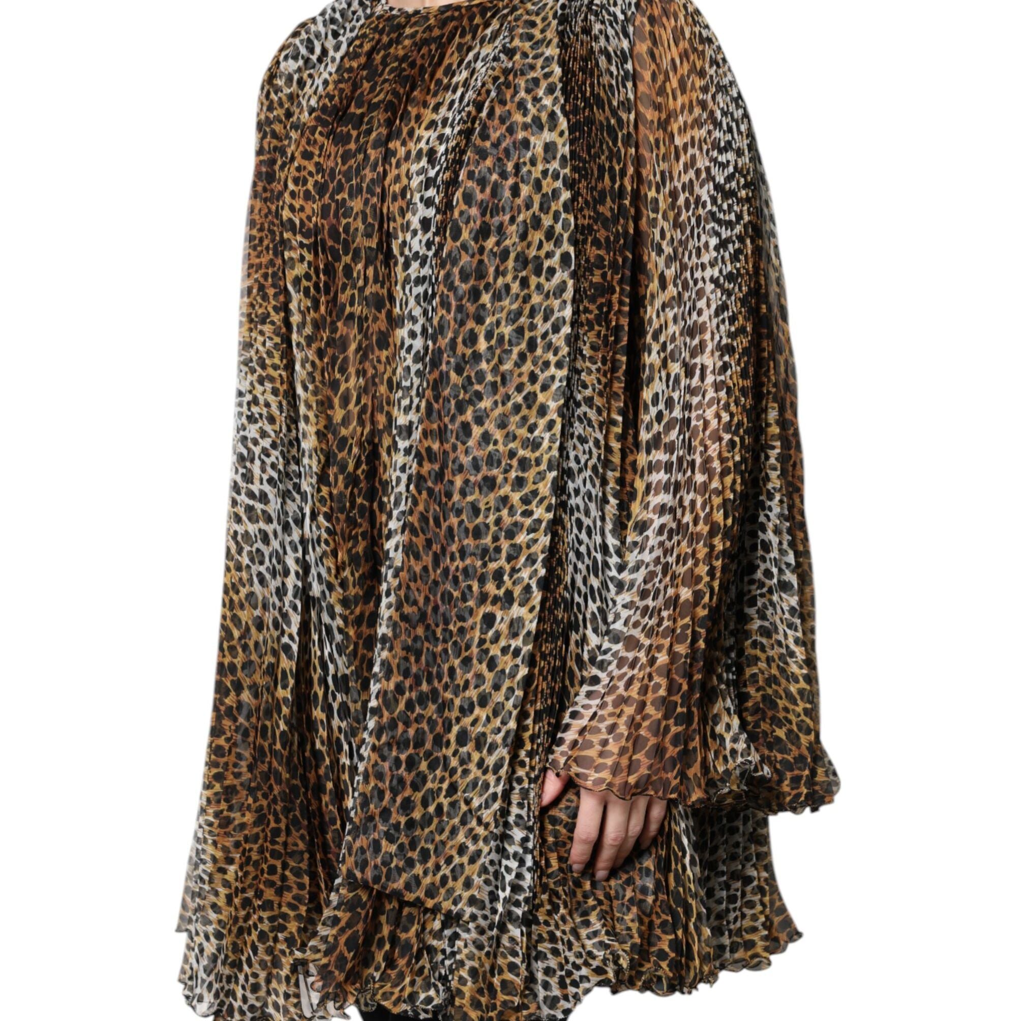 Dolce & Gabbana Brown Leopard Print Scarf Collared Chiffon Dress