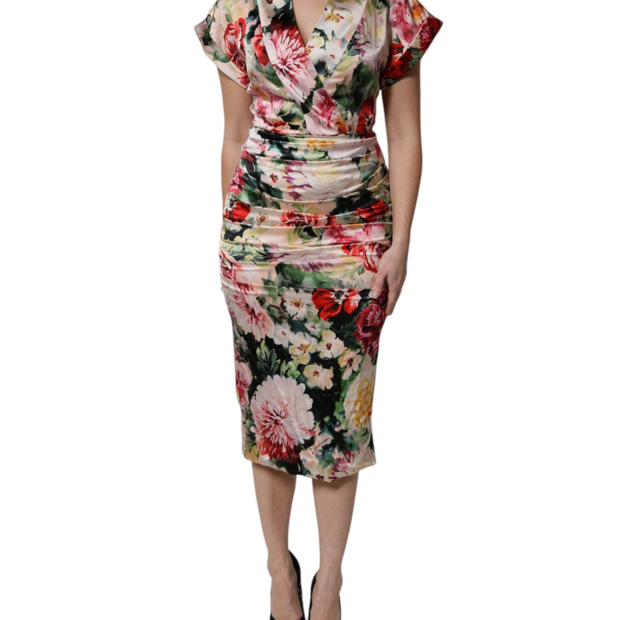 Dolce & Gabbana Multicolor Floral Short Sleeves Sheath Midi Dress