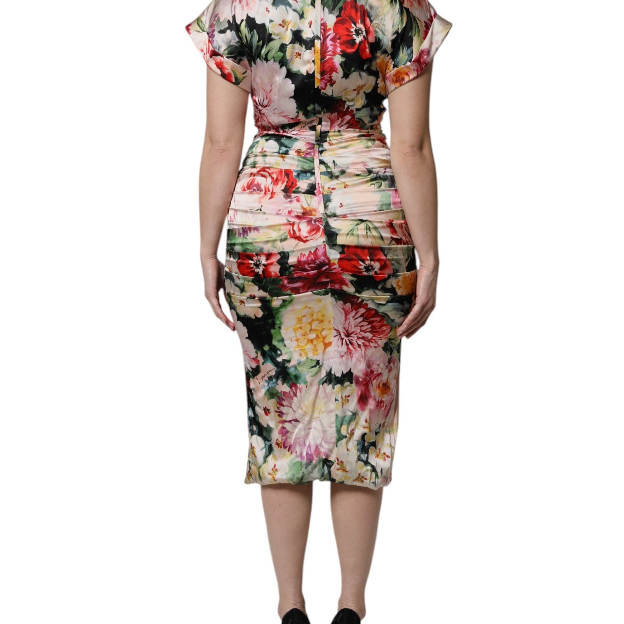 Dolce & Gabbana Multicolor Floral Short Sleeves Sheath Midi Dress